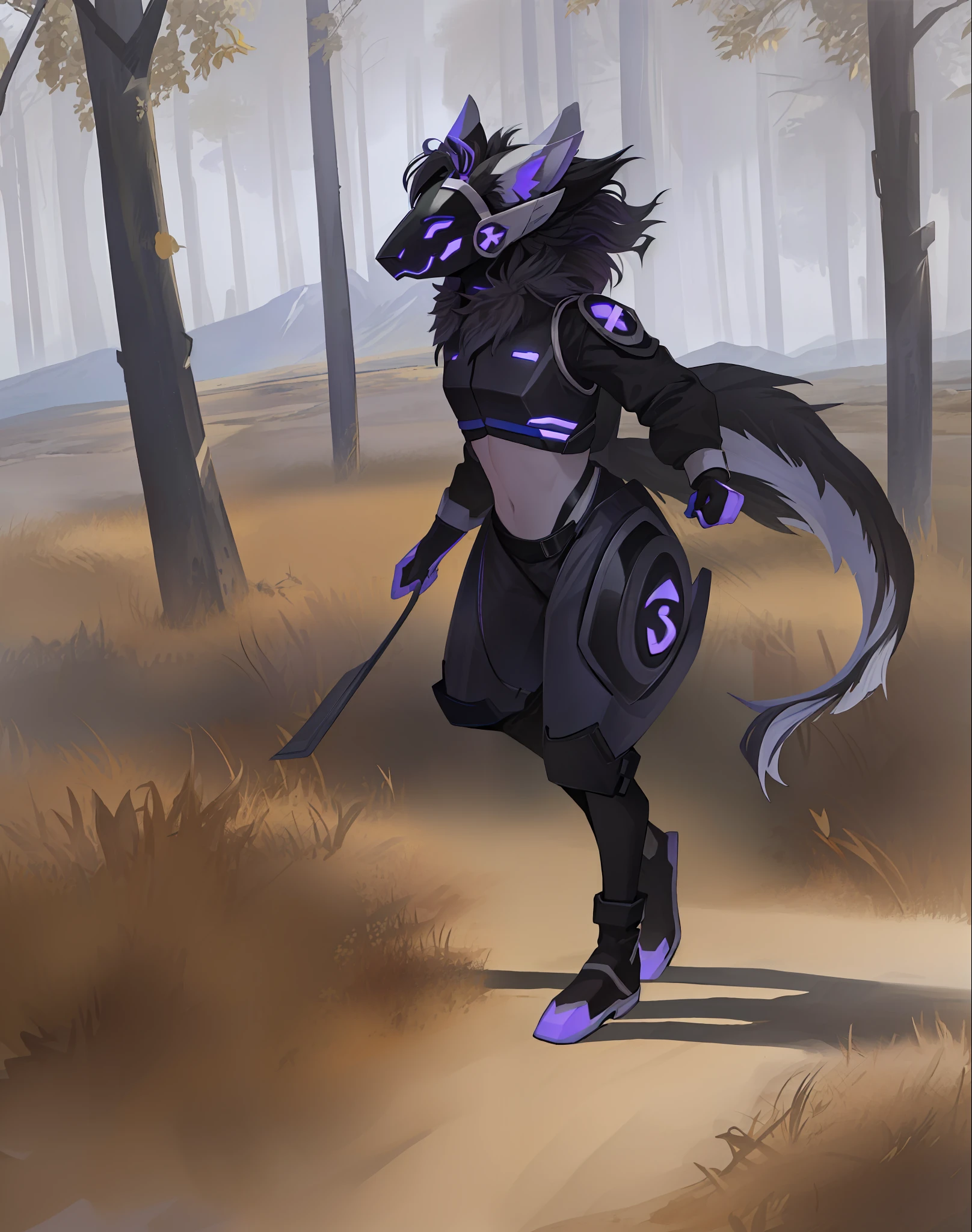 (highly detailed illustration:1.2), best quality, masterpiece, solo, natural lighting, protogen, (protogen face:1.1), (protogen visor:1.1), tail, torso, purple eyes, glossy fur, glossy hair, black fur, standing, gravel road, winding road, windy, windy leaves, blowing leaves, trees, mountains, hills, forest, landscape