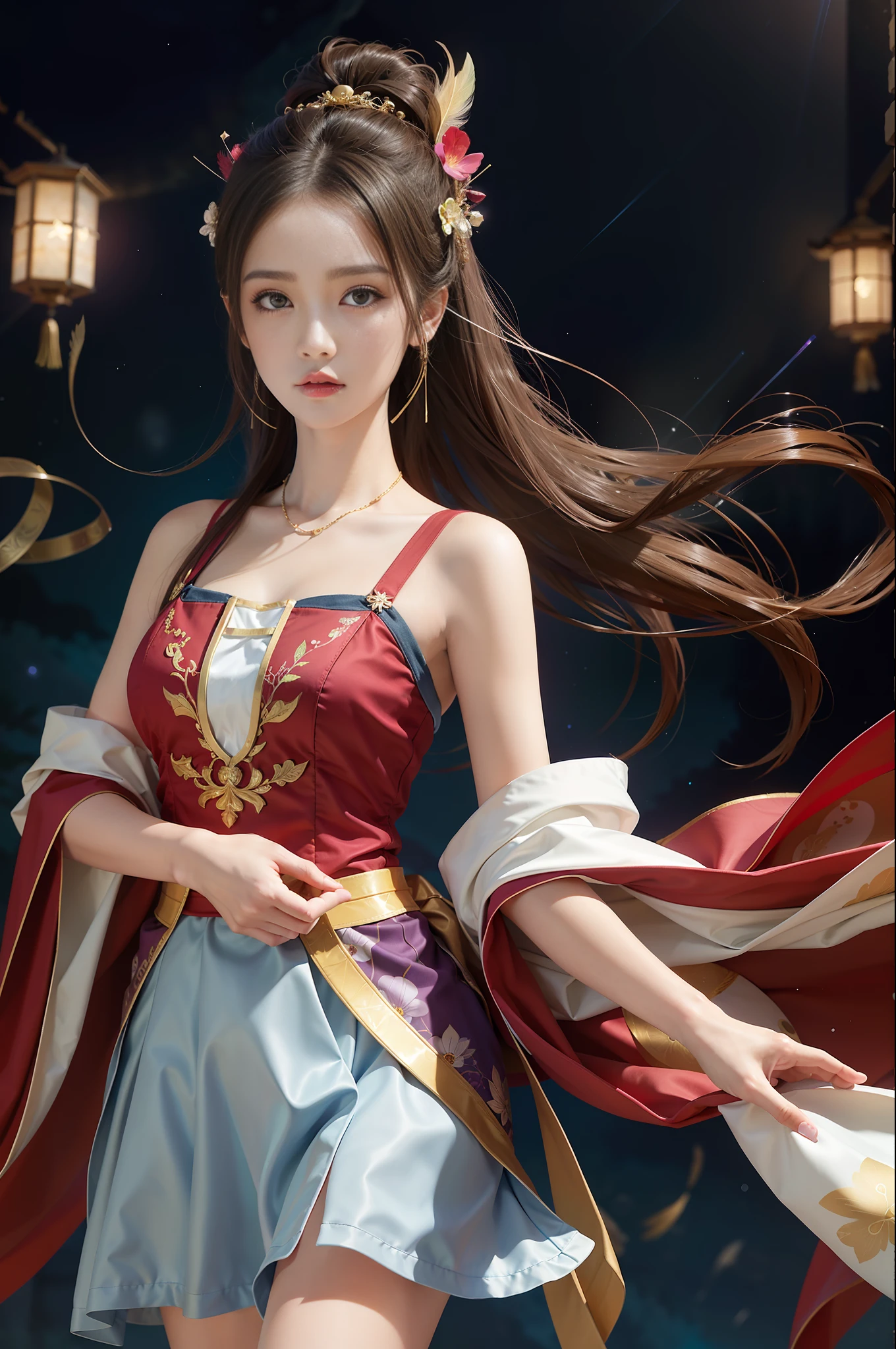 (Masterpiece, Top Quality, Best Quality, Ultimate Detail, Highest Detail, Official Art, Beauty and Aesthetics: 1.2), Color, Denim Shot, Upper Body Shot, Beautiful Face, Solo, Perfect Figure, Flying in the Sky, Portrait of a Girl, Silver Gradient Hair, Brunette Hair, Fairy, Flowing Streamers, (Sexy, Show As, Show Tits: 10), Sun Rays, Clouds, Hanfu, Chinese Clothes, Water, Firefly, Night, Starry Sky, Jewelry, Feathers on a Dress, Peacock Feathers, Light Particles, volumetric lighting, ray tracing (flowing streamers: 1.1), (fantasy: 1.2), illuminator, stars, fantasy, high contrast, ink strokes, overexposure, purple and red tone impressions, abstract, (watercolor paintings by Burkey and Jerey Meman)) brush strokes,