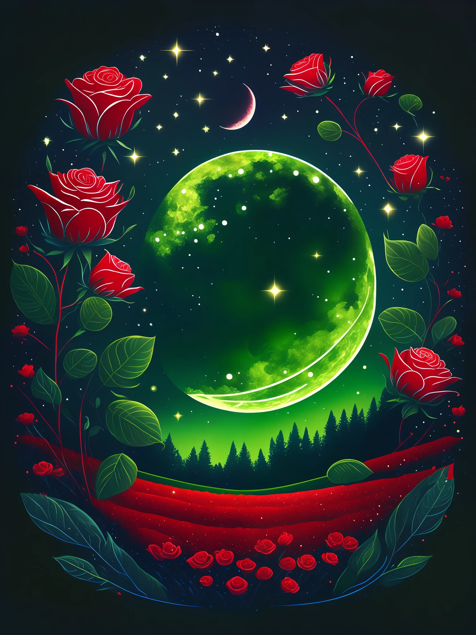[(starry night, full moon, spring landscape),(rose field, vector-art, t-shirt design, rzminjourney), (high-resolution, ultra-detailed CG art), (red fibers or threads:1.3+green leaves and branches:1.3), (shallow depth of field, wide shot), (::0.75)]