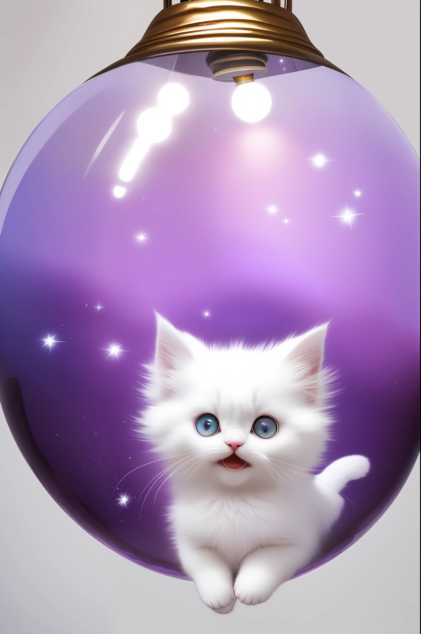 A cute fluffy white-haired kitten with big ears, big eyes, inside a large glass bulb, full body, flowers, light purple background, Morandi color, minimalist style, open mouth, laughing !!!, funny, (floating in space: 1.1) jubbslineart_v2