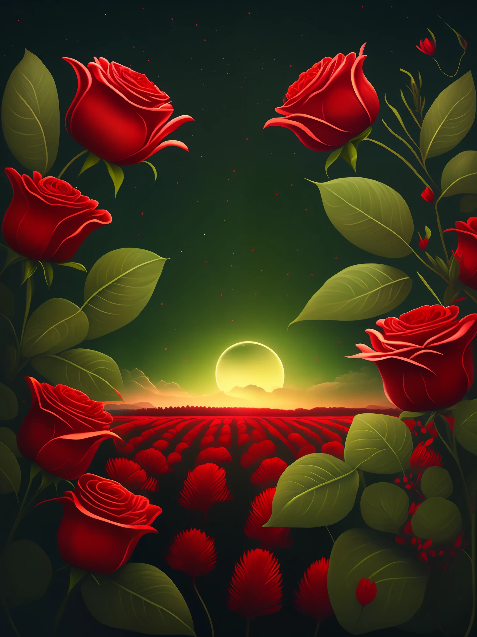 [(noite estrelada, paisagem primavera),(campo de rosas, vetor-arte, design de camiseta, rzminjourney), (high resolution, ultra-detailed CG artwork), (red fibers or threads:1.3+green leaves and branches:1.3), (shallow depth of field, wide shot), (::0.75)]