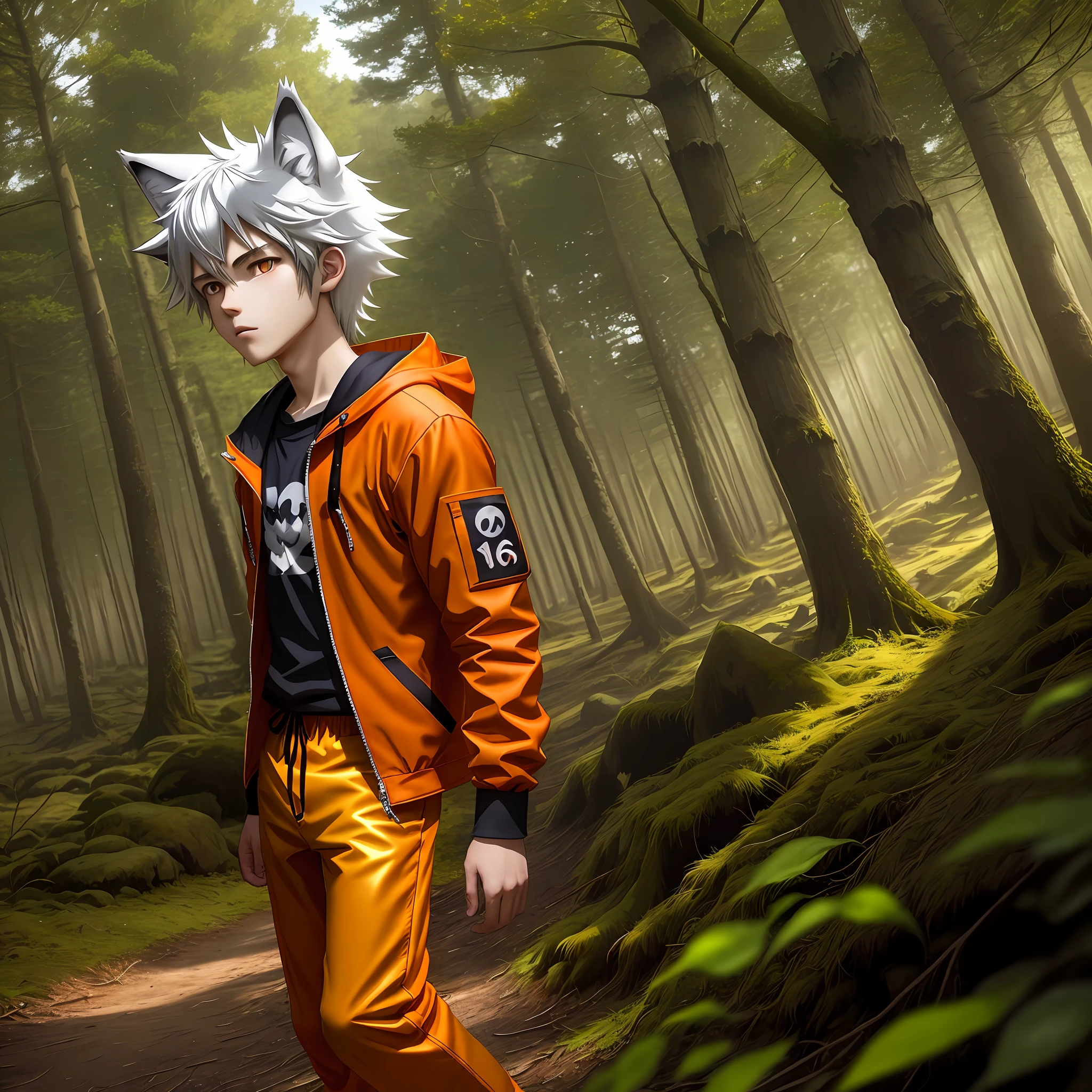 Anime wolf boy 16 years old shiny orange clothing in the woods