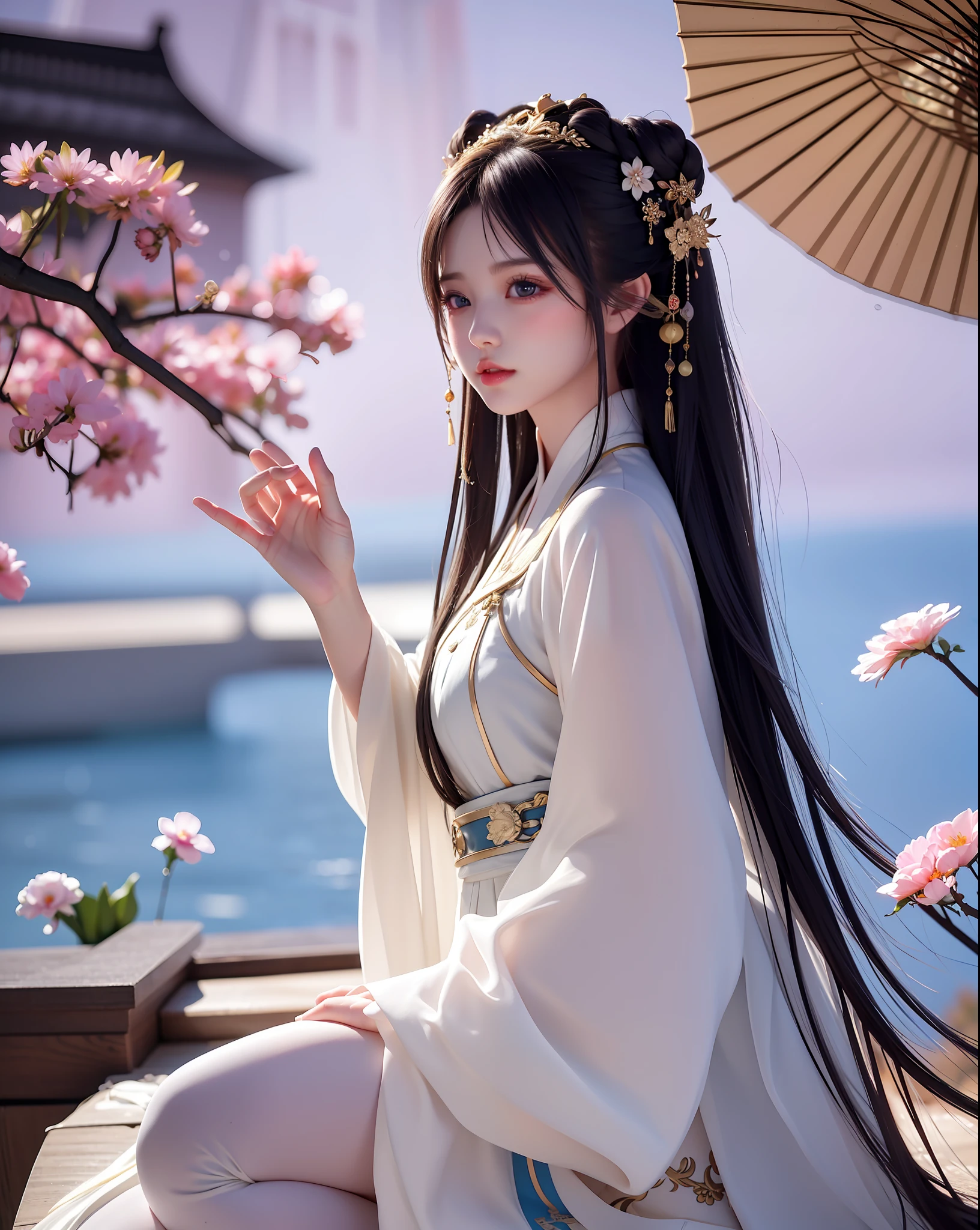 (8k, RAW photo:1.2), best quality, ultra high res,dramatic angle,(fluttered detailed color splashs), (illustration),(((1 girl))),(long hair),(rain:0.9), (头饰:1.4),少女身边有一座古宫,汉服,(重点),彩色水墨画,(泼彩),泼彩,(((colorful))),(素描:0.8) , Masterpiece, best quality, beautiful painted, highly detailed,(denoising:0.6),[splash ink],((ink refraction)), (beautiful detailed sky),moon,highly,detaild,(masterpiece, best quality, extremely detailed） CG unity 8k壁纸，杰作，最好的质量，超详细），（石蒜），