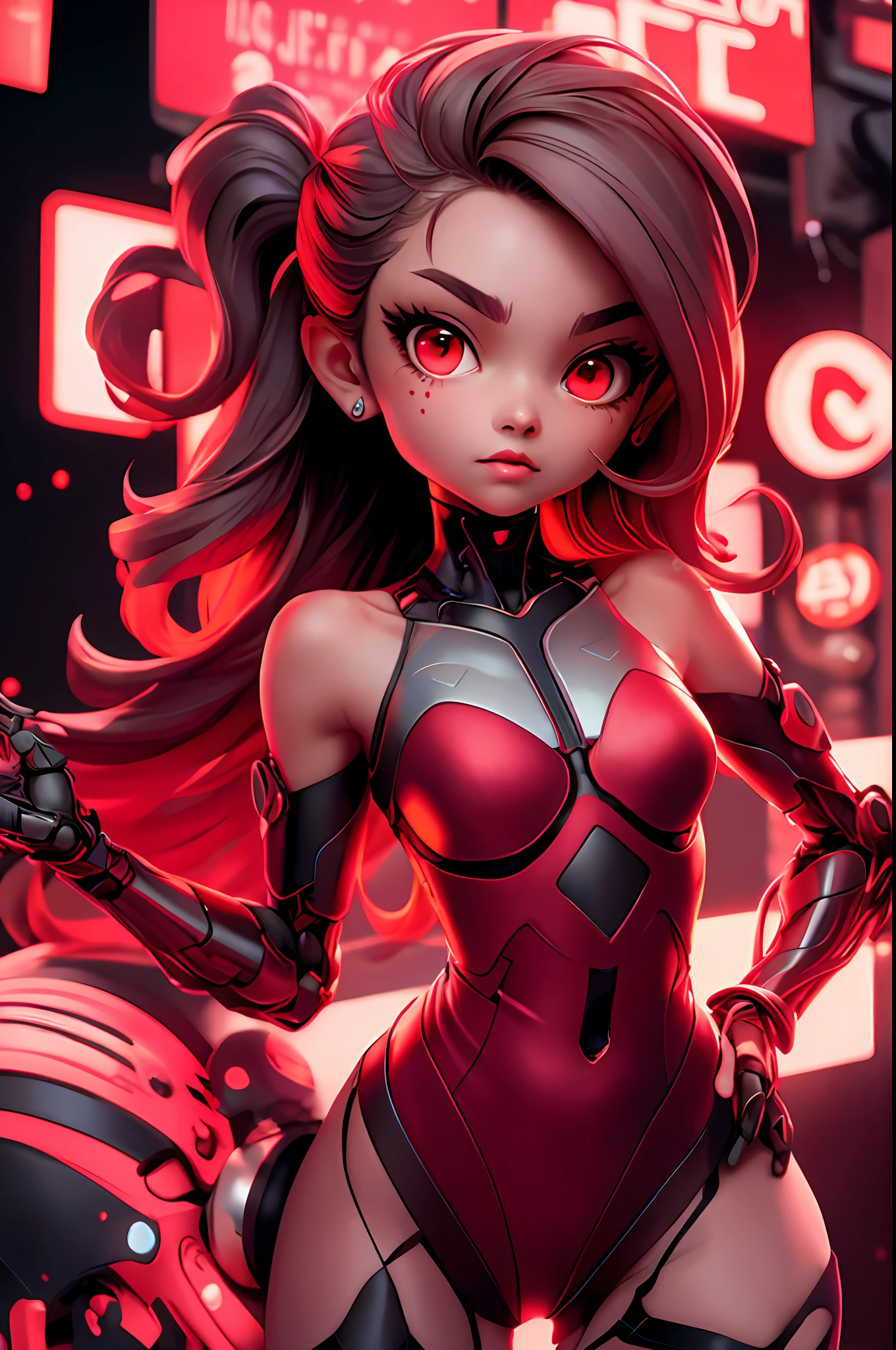 1 girl, solo, clear focus, delicate beautiful hair and eyes and face, realistic, super detailed, dynamic lighting, cute, slim, small breasts, shiny skin, delicate facial features, absurd, super detailed, high resolution, cybernetic background, masterpiece, red dress, red eyes, night, sexy expression, neon light