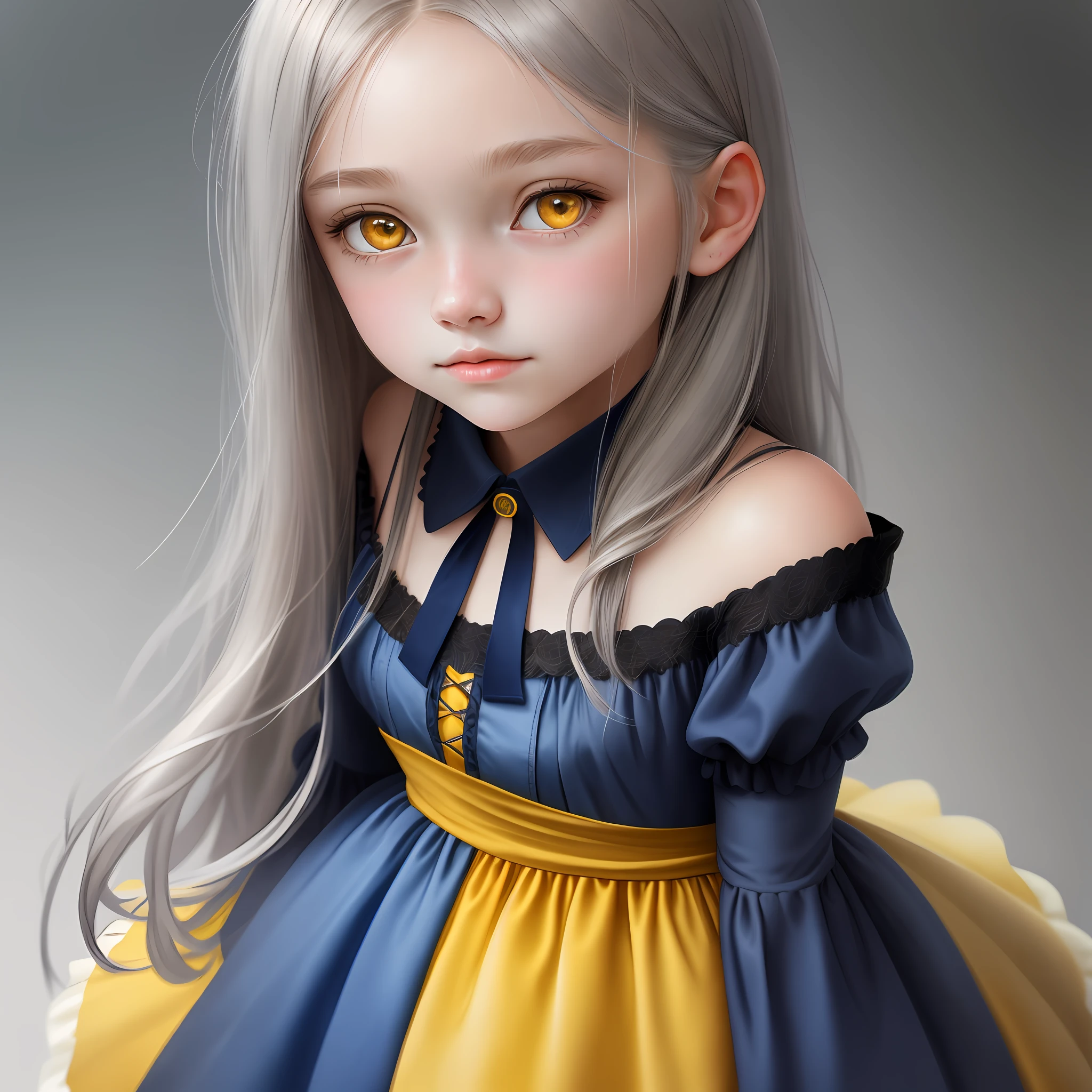 Portrait of a girl, , ashen hair with colored strands, big yellow eyes, plump lips, blue dress, realism, watercolor, 4K, High detail