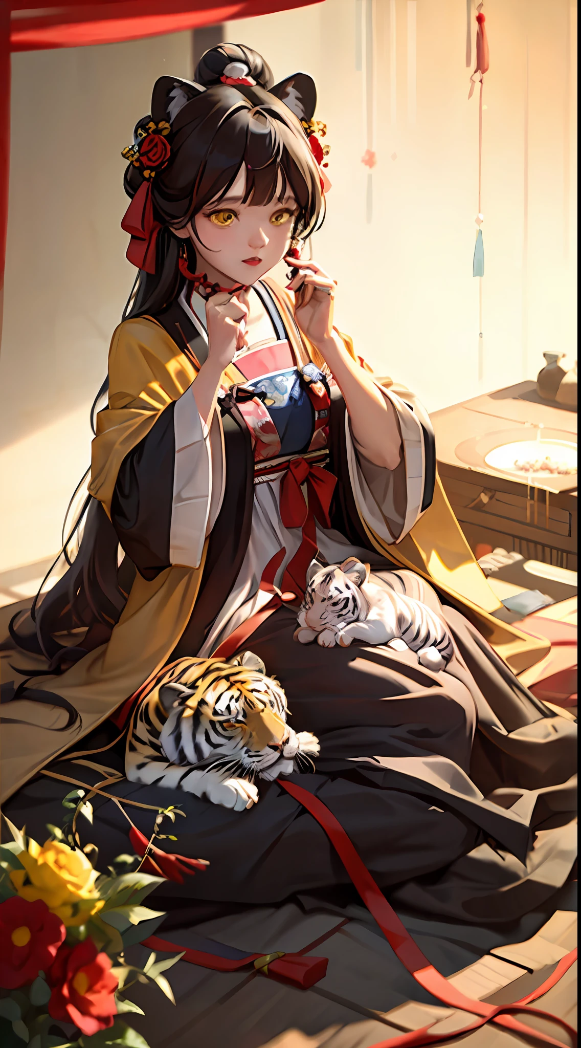 Masterpiece, Superb Piece, Hanfukozue, 1girl, Tiger, Brush, Long Hair, Bun, Bun, Holding Brush, Holding Brush, Hanfu, Hanfu, Brush, Bangs, Solo, Year of the Tiger, Black Hair, White Tiger, Jewelry, Long Sleeves, Holding, Sitting, Yellow Eyes, Bow, Necklace, Hair Accessories, Wide Sleeves, Red Bow, Blunt Bangs, Fur Trim, Closed Mouth, Ribbon, Dress, Shawl, Tassel, Animal Print, Red Ribbon, Animal, Extra Long Hair, Hands Up, Ink, Bow Tie, Coat, Headband, Zodiac Sign , rolling, looking at the audience, hair flower, side hair, earrings, brown hair, flower, bright eyes, blush, pink dress