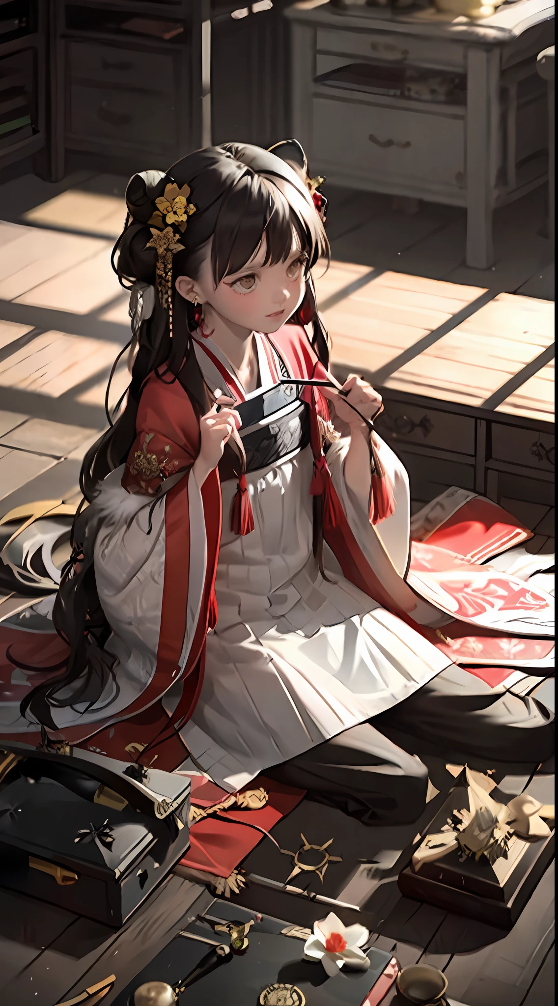 Masterpiece, Superb Piece, Hanfukozue, 1girl, Tiger, Brush, Long Hair, Bun, Bun, Holding Brush, Holding Brush, Hanfu, Hanfu, Brush, Bangs, Solo, Year of the Tiger, Black Hair, White Tiger, Jewelry, Long Sleeves, Holding, Sitting, Yellow Eyes, Bow, Necklace, Hair Accessories, Wide Sleeves, Red Bow, Blunt Bangs, Fur Trim, Closed Mouth, Ribbon, Dress, Shawl, Tassel, Animal Print, Red Ribbon, Animal, Extra Long Hair, Hands Up, Ink, Bow Tie, Coat, Headband, Zodiac Sign , rolling, looking at the audience, hair flower, side hair, earrings, brown hair, flower, bright eyes, blush, pink dress