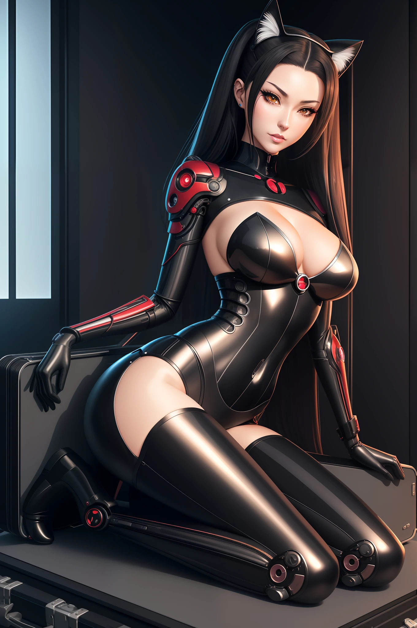 sexy woman in cat suit posing in a room with a suitcase, seductive anime girl, oppai cyberpunk, biomechanical oppai, japanese goddess, beautiful alluring anime woman, rin tohsaka, gorgeous maid, anime highly detailed, hyperrealistic schoolgirl, extremely detailed artgerm, breasts covered and sfw, sfw huge breasts, photorealistic anime girl render