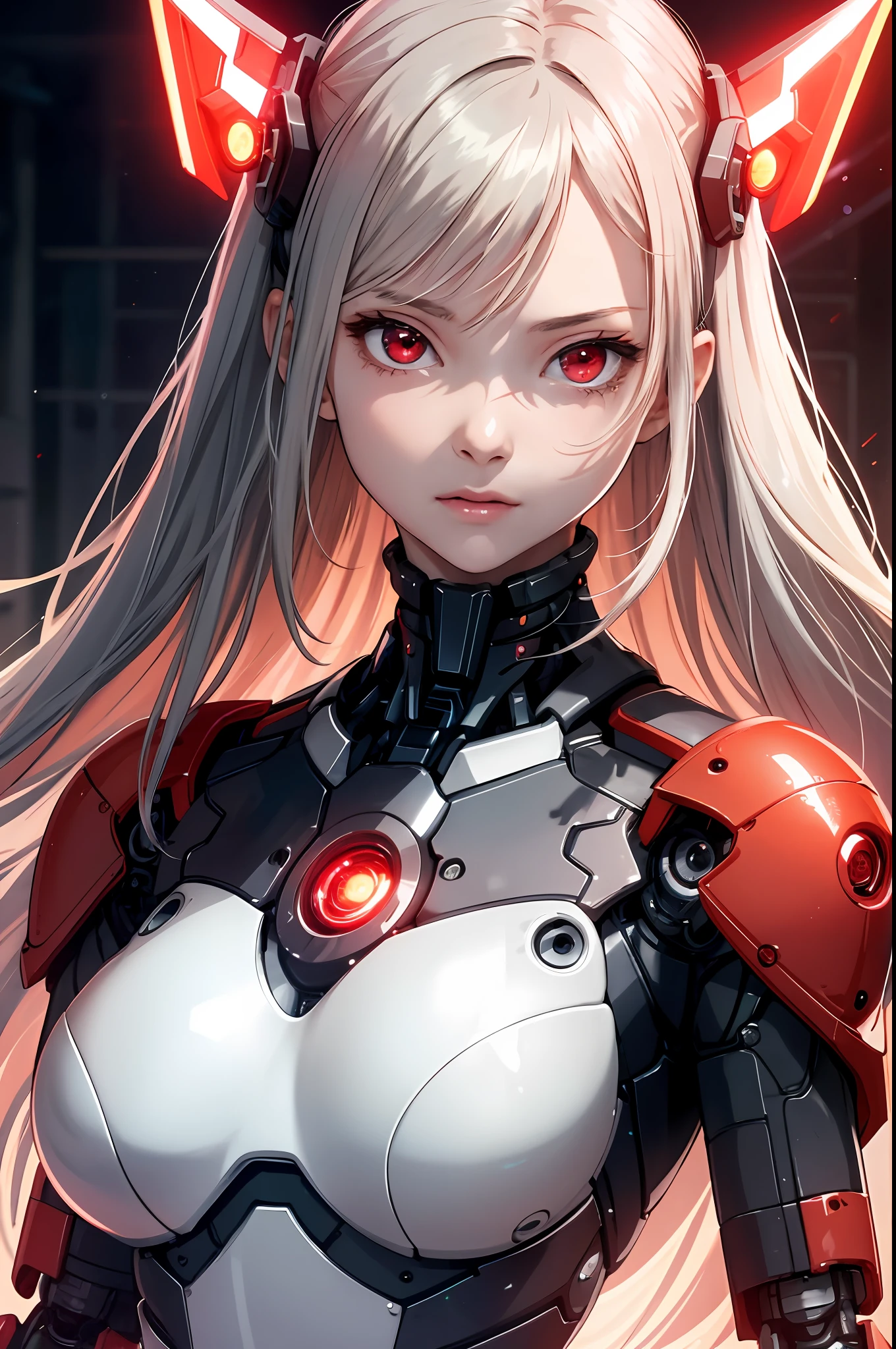 1 girl, solo, clear focus, delicate beautiful hair and eyes and face, realistic, super detailed, dynamic lighting, cute, slim, small breasts, shiny skin, delicate facial features, absurd, super detailed, high resolution, cybernetic background, masterpiece, red dress, red eyes, night, sexy expression, neon light