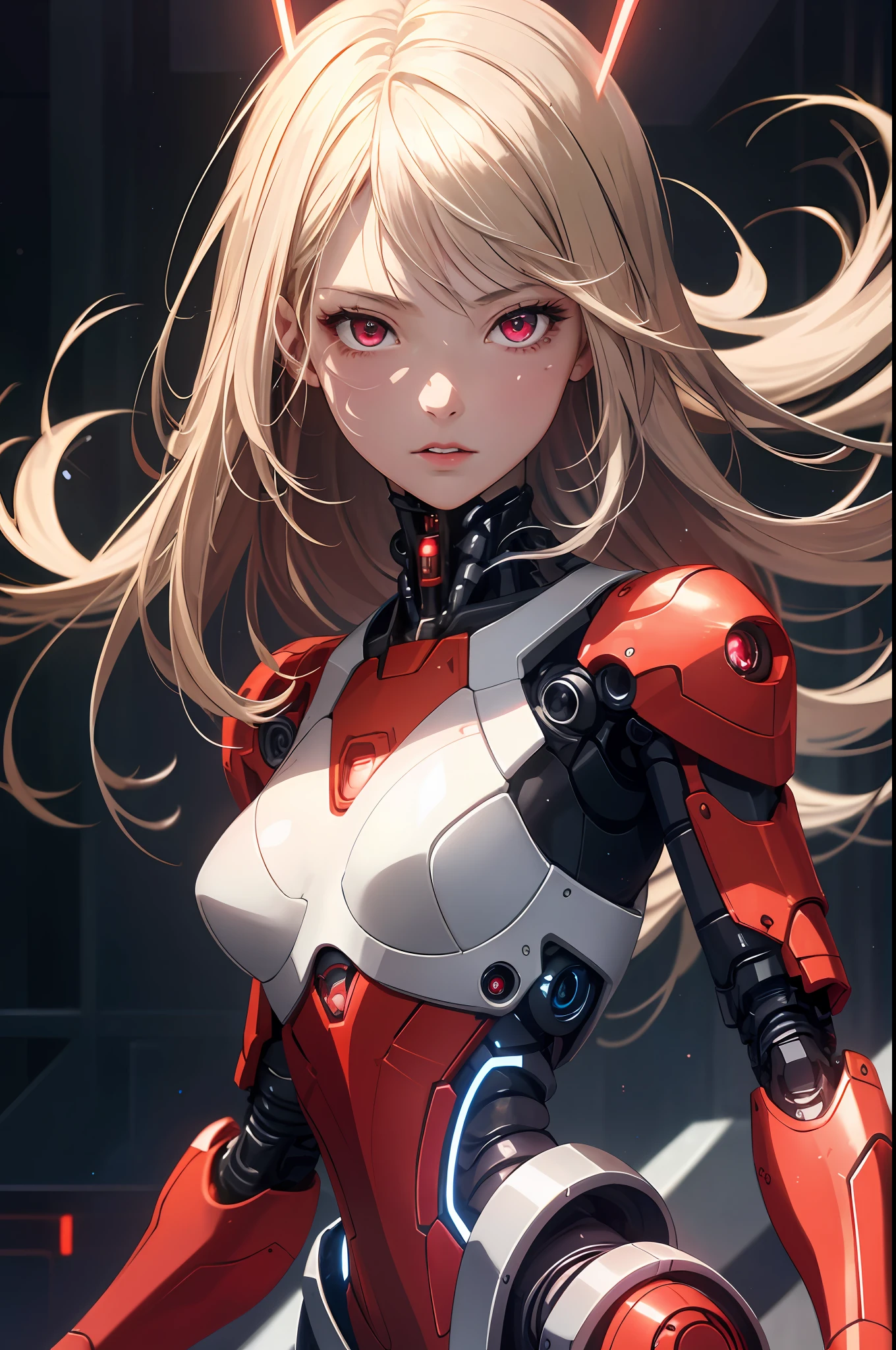 1 girl, solo, clear focus, delicate beautiful hair and eyes and face, realistic, super detailed, dynamic lighting, cute, slim, small breasts, shiny skin, delicate facial features, absurd, super detailed, high resolution, cybernetic background, masterpiece, red dress, red eyes, night, sexy expression, neon light