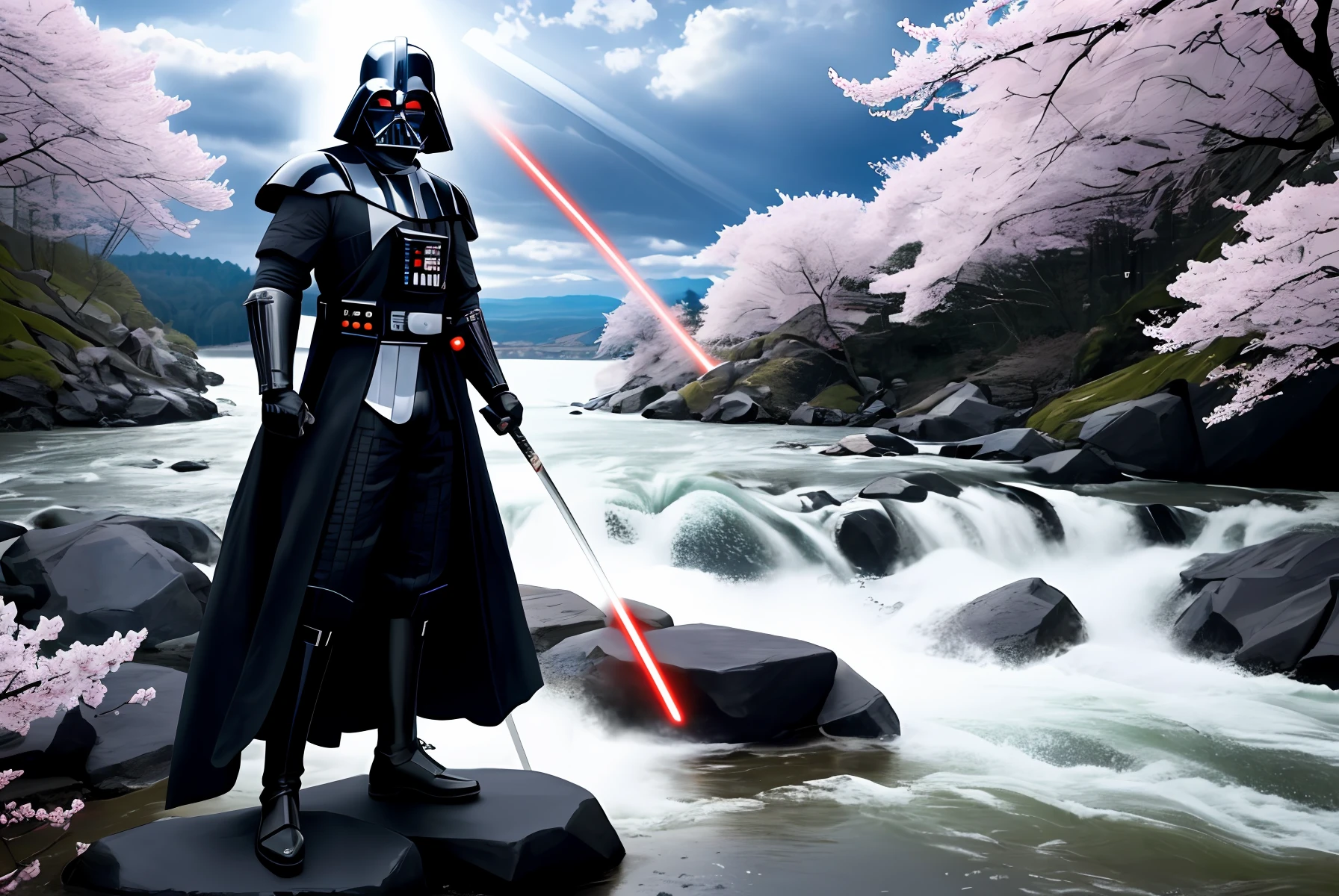 Darth Vader as a samurai warrior, a towering figure clad in black armor, wields a katana with precision. He stands atop a rocky cliff overlooking a raging river, surrounded by cherry blossom trees.The atmosphere is tense, the air charged with energy. The lighting effect is dramatic, with rays of sunlight piercing through the clouds, casting shadows around him.