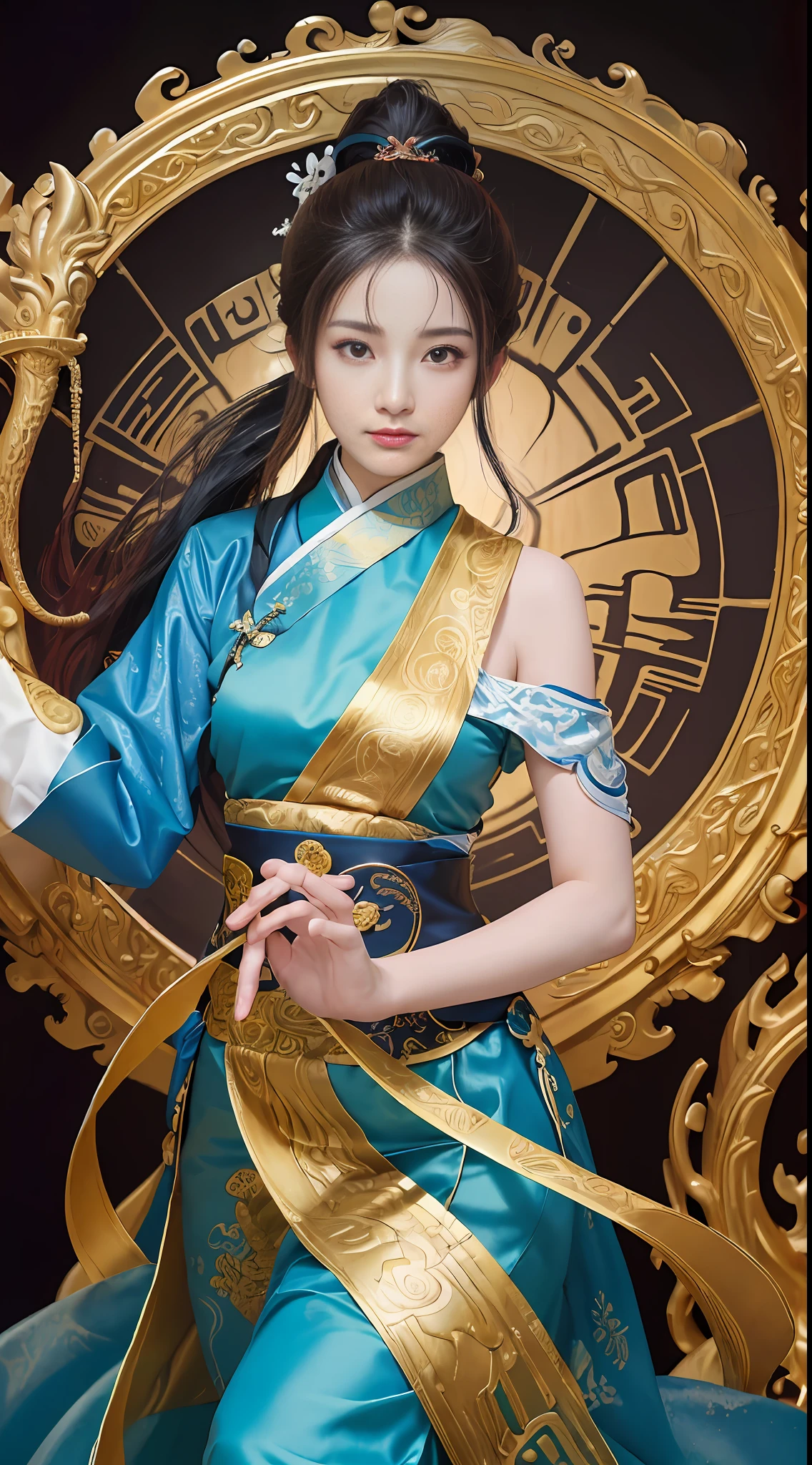 Zhong Fenghua, gorgeous hanfu, official art, Unity 8k wallpaper, super detailed, beautiful beauty, masterpiece, best quality, (tangled, tangled, tangled), (fractal art: 1.4), (character center: 1.3), 1 girl, shocking domineering Chinese dragon, detailed tap, black hair, long ponytail, Chinese, off-the-shoulder, very detailed, dynamic angle, cowboy shot, (most beautiful form of chaos), ethereal, (bright colors), OC, (half: 1.2), China, (Thangka Feitian: 1.5), (Ribbon: 1.3), (Dream: 1.5), (Hanfu: 1.5), Chinese Dragon, Chinese Phoenix, (Smile: 0.5), (Chinese God), (Masterpiece, Top Quality, Best Quality, Ultimate Detail, Highest Detail, Official Art, Beauty & Aesthetics: 1.2), Golden Ratio, Full Composition