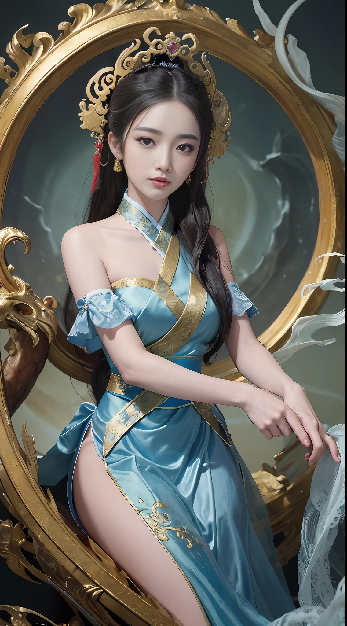 Zhong Fenghua, gorgeous hanfu, official art, Unity 8k wallpaper, super detailed, beautiful beauty, masterpiece, best quality, (tangled, tangled, tangled), (fractal art: 1.4), (character center: 1.3), 1 girl, shocking domineering Chinese dragon, detailed tap, black hair, long ponytail, Chinese, off-the-shoulder, very detailed, dynamic angle, cowboy shot, (most beautiful form of chaos), ethereal, (bright colors), OC, (half: 1.2), China, (Thangka Feitian: 1.5), (Ribbon: 1.3), (Dream: 1.5), (Hanfu: 1.5), Chinese Dragon, Chinese Phoenix, (Smile: 0.5), (Chinese God), (Masterpiece, Top Quality, Best Quality, Ultimate Detail, Highest Detail, Official Art, Beauty & Aesthetics: 1.2), Golden Ratio, Full Composition