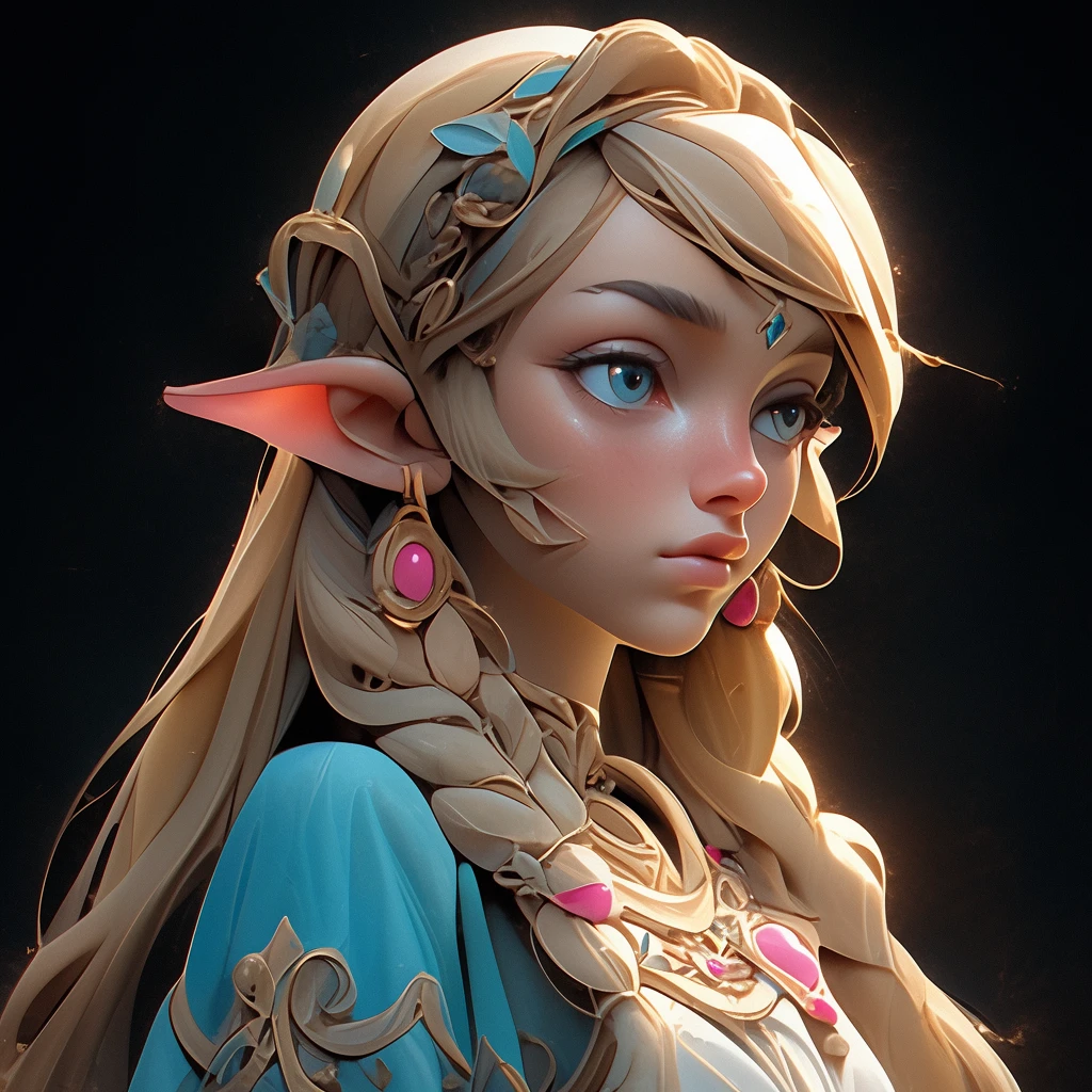 Princess zelda, wearing Chinese dress, protagonist, staring, facing camera, closeup perspective, contrasting size, composition, blue, red, fluorescent green, glowing, black background, zbrush, octane rendering, ray tracing, masterpiece painting, depth of field, super detailed
--s 150 --niji 5 --style expressive