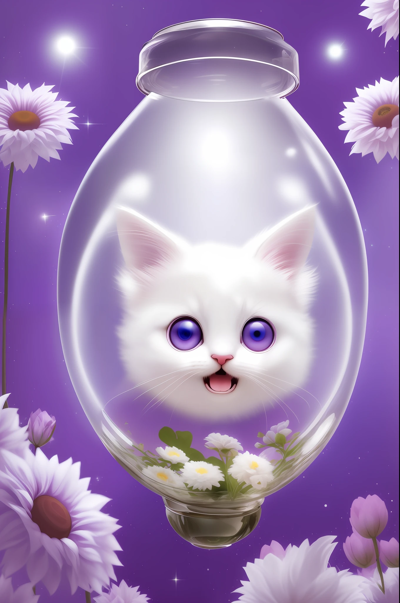 A cute fluffy white-haired kitten with big ears, big eyes, inside a large glass bulb, full body, flowers, light purple background, Morandi color, minimalist style, open mouth, laughing !!!, funny, (floating in space: 1.1) jubbslineart_v2