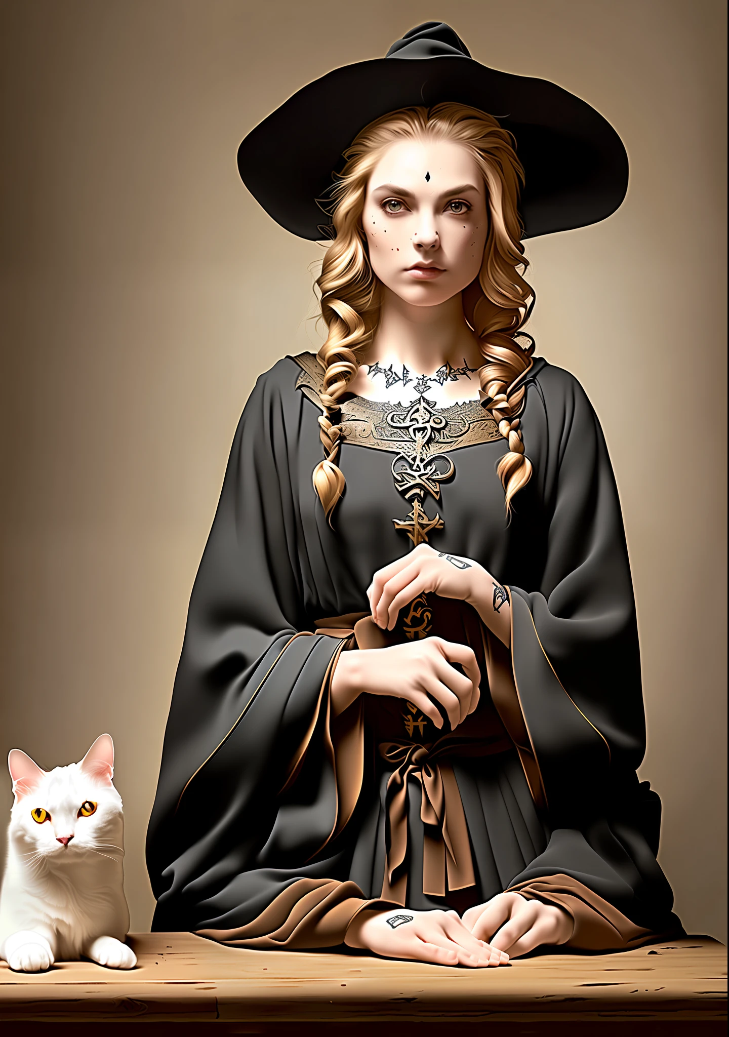 (extremely detailed CG unity 8k wallpaper), tiktok photo of the most beautiful artwork in the world, medieval witch and her cat, black-grey robes, (small hat), shiny eyes, pearl skin, intricate detail, lace, medieval architecture, professional majestic oil painting, Intricate material, coarse, High Detail, patterns, runes, (runic face tattoos), carvings, (slim:1.5), (thin), glowing mystical, Sharp focus, dramatic, photorealistic painting art, hands on hips, ( spiky hair ), spells, red-yellow-white colors, (freckles:0.94), angry pose, (scar:0.9), (pores:1.2), (amateur:1.3), posing with a cat on a table