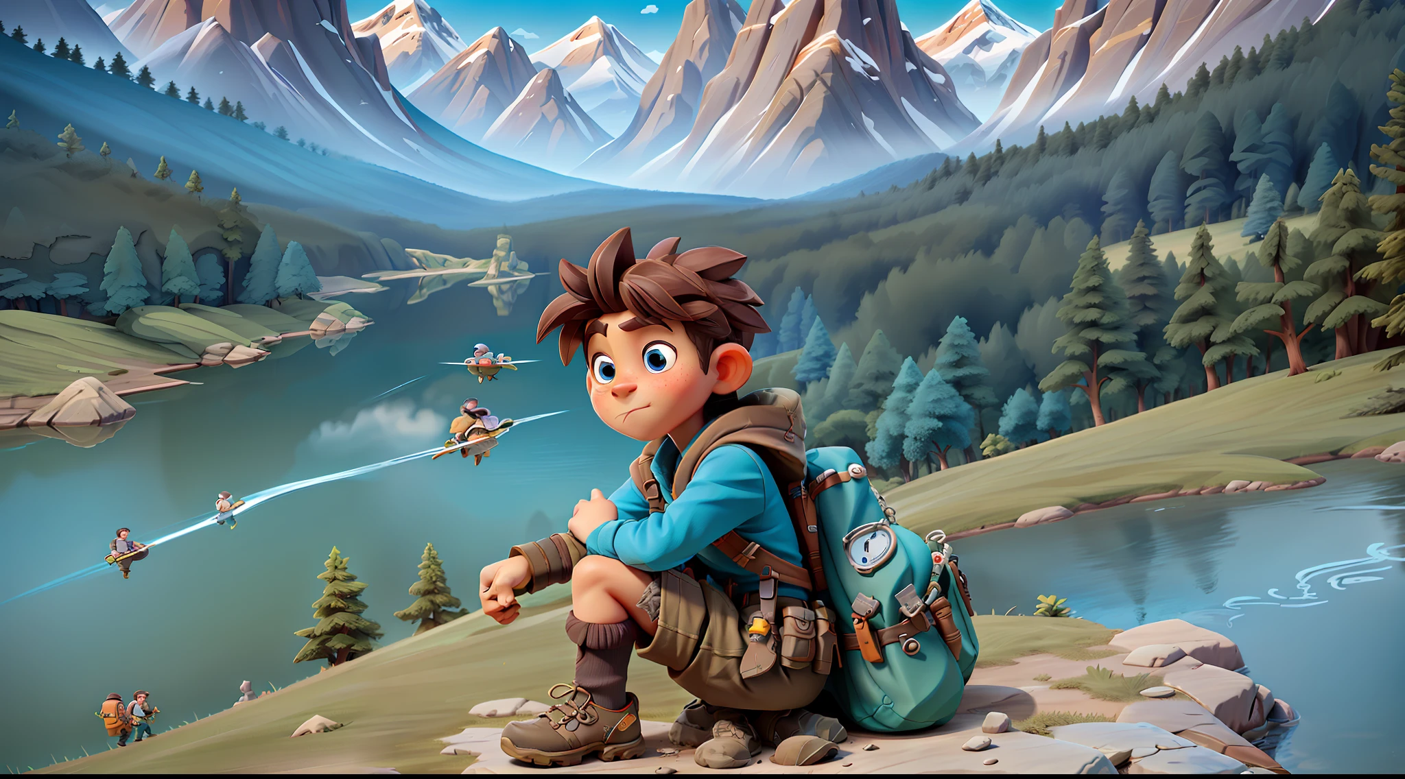 masterpiece, high quality best quality, close up, full body, little boy adventurer, adventure, explorer, outdoors, nature, hiking, backpacking, camping, mountains, forest, wilderness, curiosity, exploration, journey, discovery, travel, wanderlust, adventure, trailblazer, young, energetic, active, fearless, brave, curious, imaginative, creative, indie, outdoors, nature lover, discovery, thrill-seeking, childish, playful, free spirit, rugged, wilderness explorer, young adventurer, Backpackers, explorers in training, adventurers, outdoor enthusiasts.