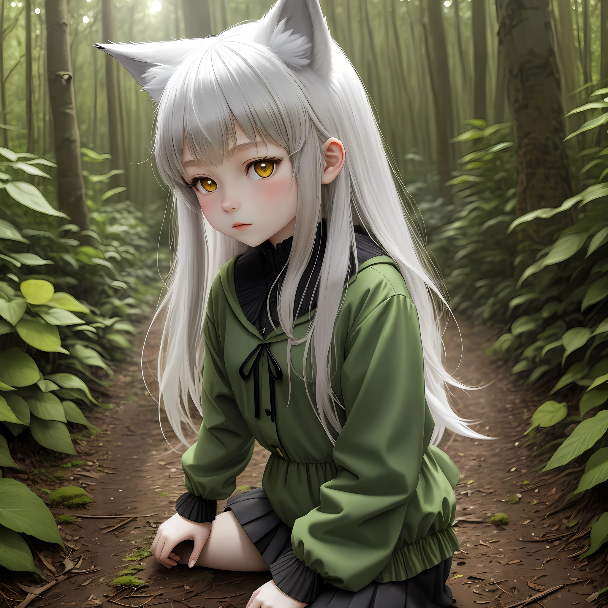 Anime wolf girl 8 years old emerald clothing in the forest