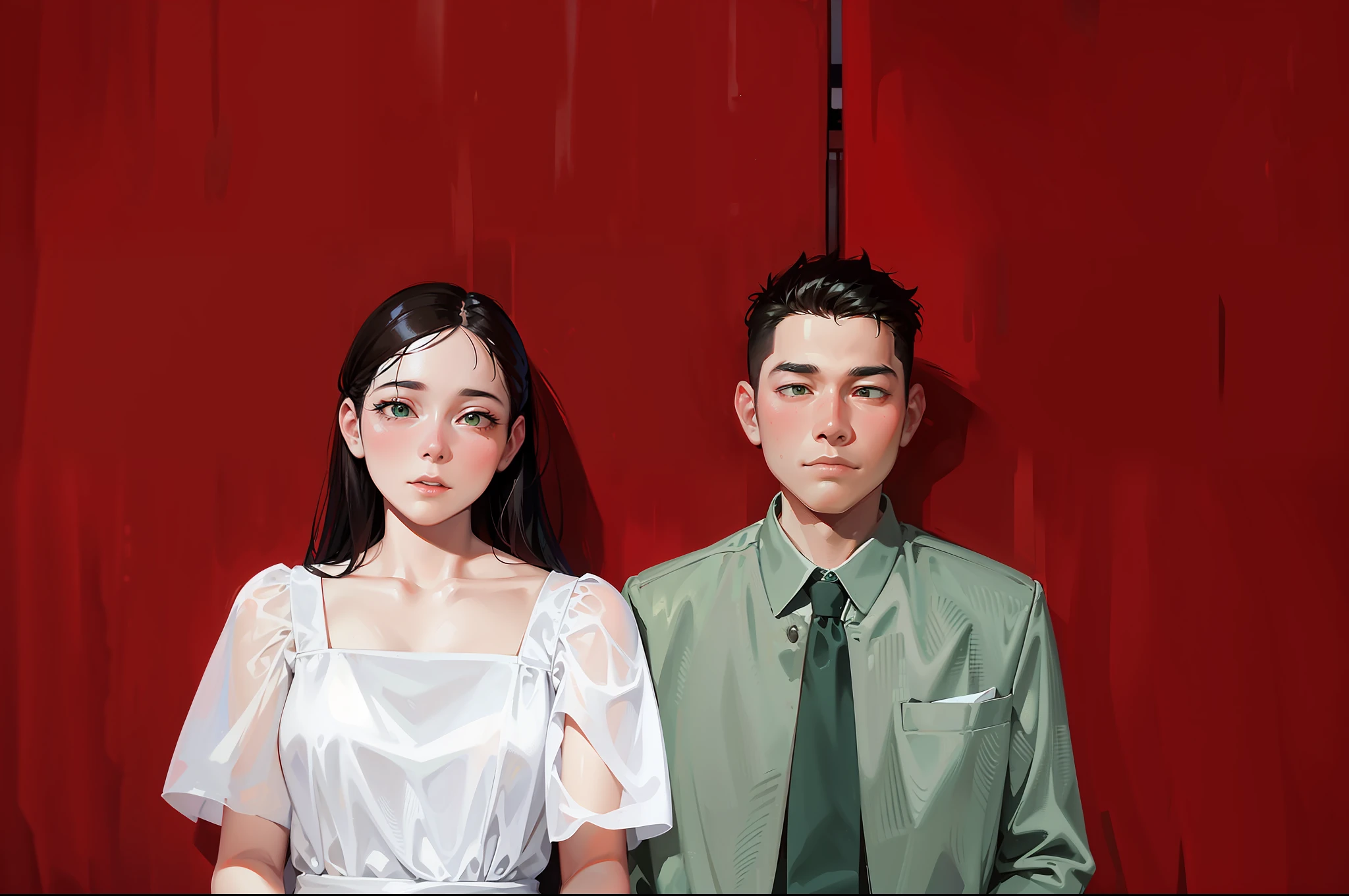 They pose for a group photo in front of a red wall, portrait of two people, portrait of a couple, portrait of a couple, wearing a green formal suit, on a red background, two people, a couple, man and woman, lovely couple, white dress.