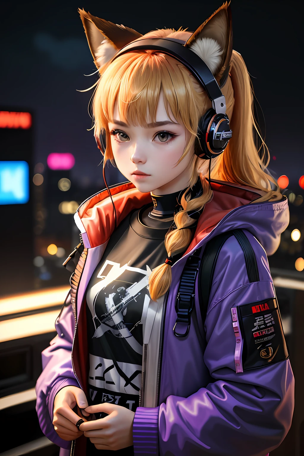 A girl, with fox ears on her head, looking at the audience, double ponytail, wearing a red and black jacket, wearing a T-shirt, holding toys in her hand, wearing oversized music headphones, listening to music in leisure, facing the camera, very fashionable, behind the monster Godzilla, Surrounded by elements related to music, notes, tapes, discs, tape players, DVDS, CDenjoy music moments, the world is quiet, cyberpunk style, neon lights, purple light, dazzling stage up,