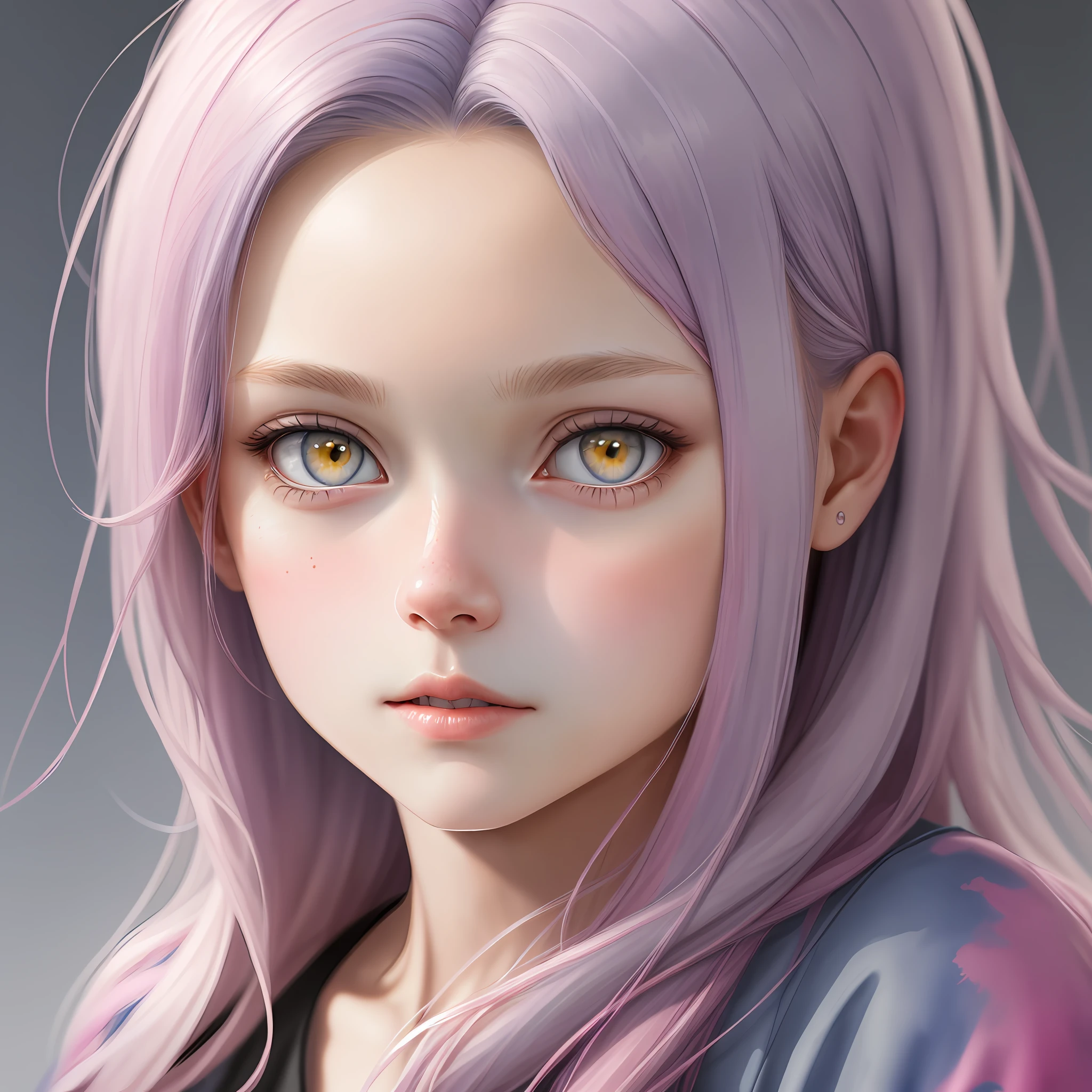 Portrait of a slim girl, , ashen hair with pink and blue strands, big yellow eyes, plump lips, nose, realism, watercolor, 4K, High detail