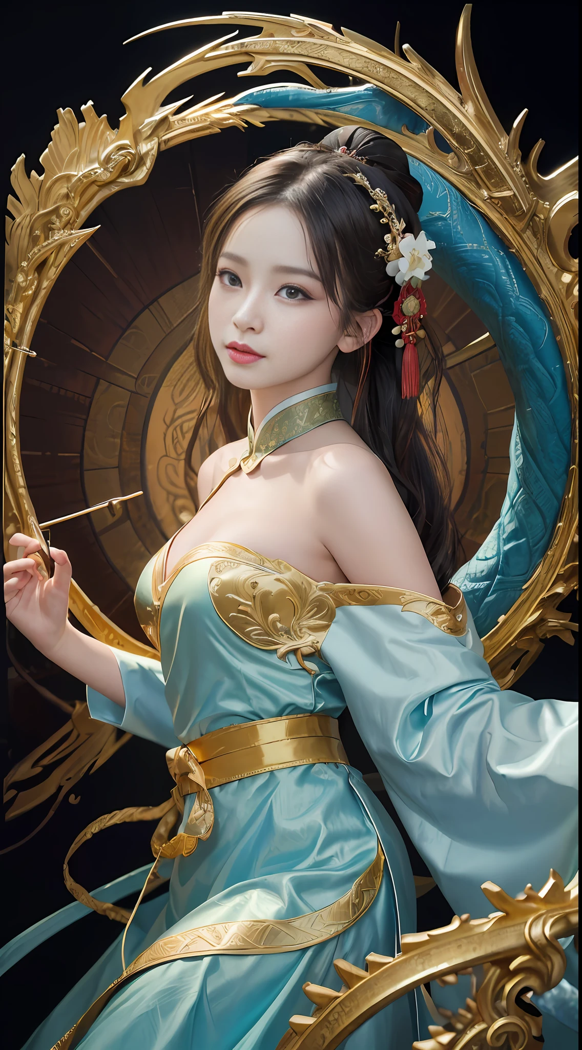 Zhong Fenghua, gorgeous hanfu, official art, Unity 8k wallpaper, super detailed, beautiful beauty, masterpiece, best quality, (tangled, tangled, tangled), (fractal art: 1.4), (character center: 1.3), 1 girl, shocking domineering Chinese dragon, detailed tap, black hair, long ponytail, Chinese, off-the-shoulder, very detailed, dynamic angle, cowboy shot, (most beautiful form of chaos), ethereal, (bright colors), OC, (half: 1.2), China, (Thangka Feitian: 1.5), (Ribbon: 1.3), (Dream: 1.5), (Hanfu: 1.5), Chinese Dragon, Chinese Phoenix, (Smile: 0.5), (Chinese God), (Masterpiece, Top Quality, Best Quality, Ultimate Detail, Highest Detail, Official Art, Beauty & Aesthetics: 1.2), Golden Ratio, Full Composition