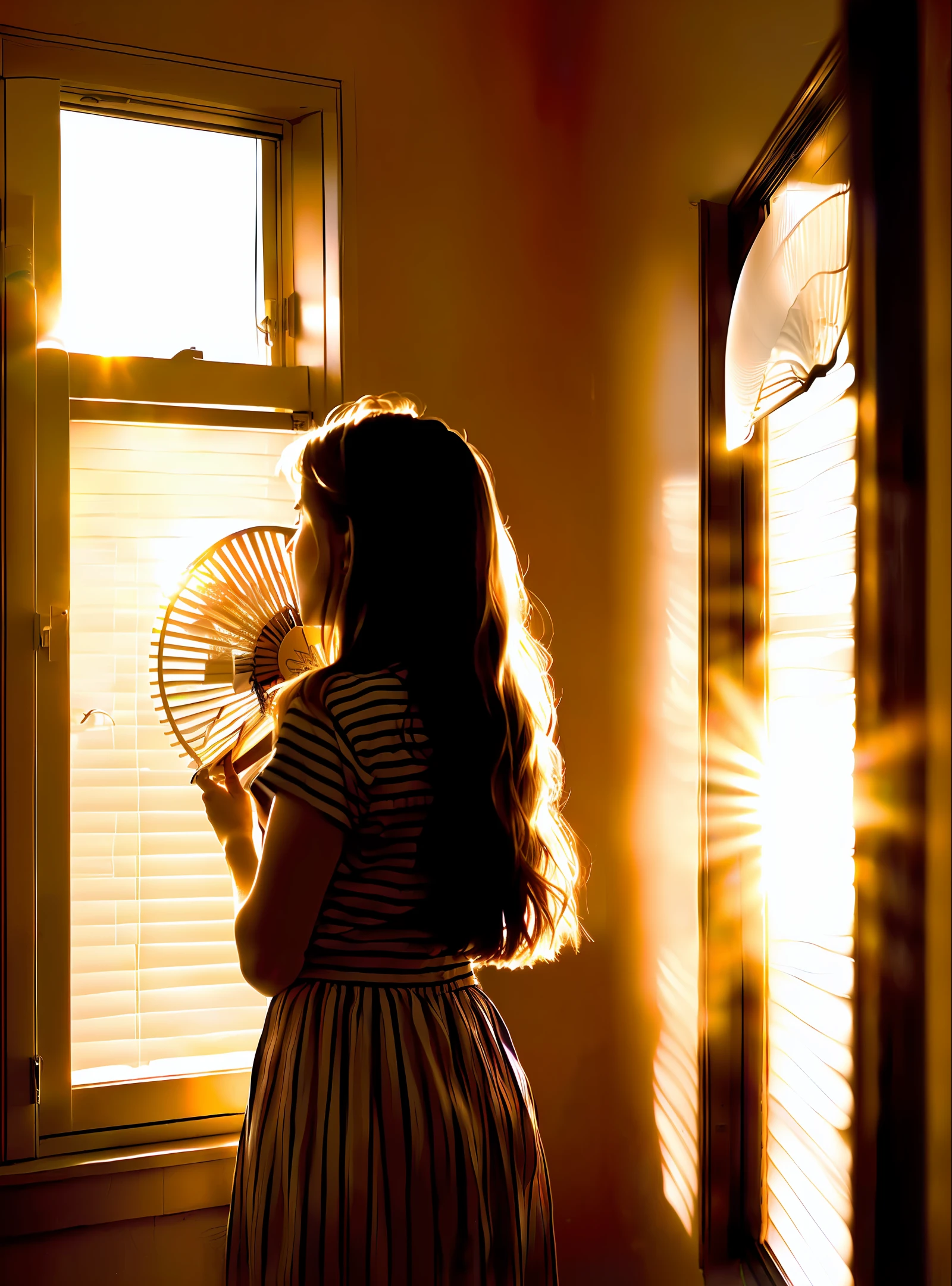 A girl in the room blowing a fan window sunlight