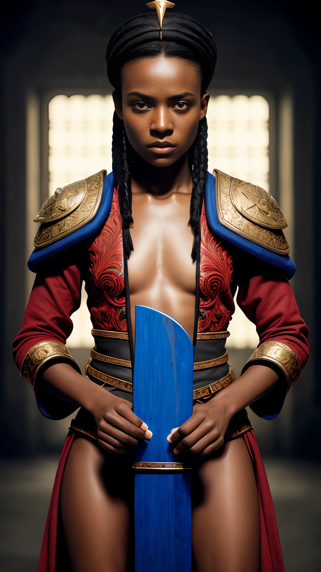 Photograph of an African god, black, serious, intimidating, defined body, in blue and red robes with a large spear of war and with a leather shield. Hand with four fingers and a thumb. Highly detailed face., portrait, epic character composition, by Ilya Kuvshinov, Alessio Albi, Nina Masic, sharp focus, natural lighting, subsurface scattering, F2, 35mm, film grain, (freckles:0.2), skin imperfections, open pores, ornate, serious eyes, 8K textures, intricate, highly detailed, sharp focus, vibrant tones, insane details, intricate details, hyperdetailed, exposure mix, HDR, hyper-realistic