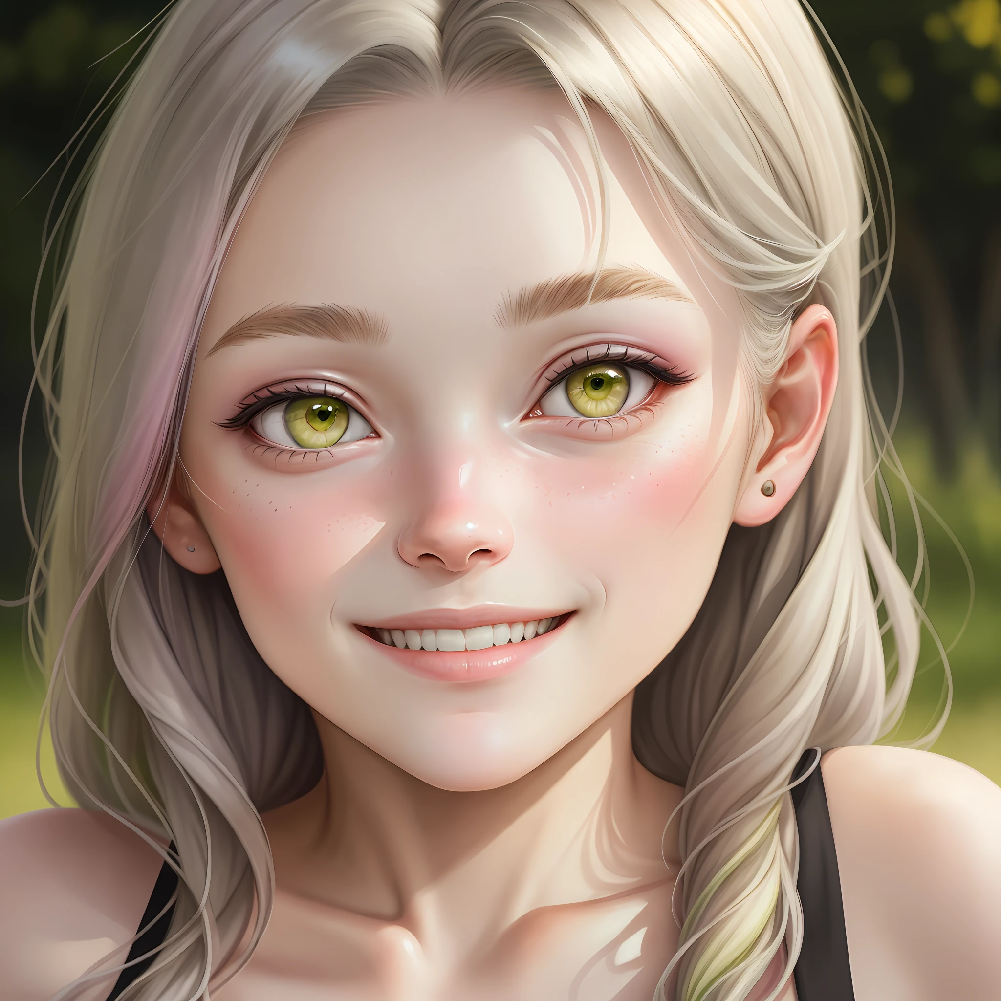 Portrait of a slim girl, 15 years old, ashen hair with pink strands, big yellow-green eyes, plump lips, smiling, wrinkles nose, realism, watercolor, 4K, High detail