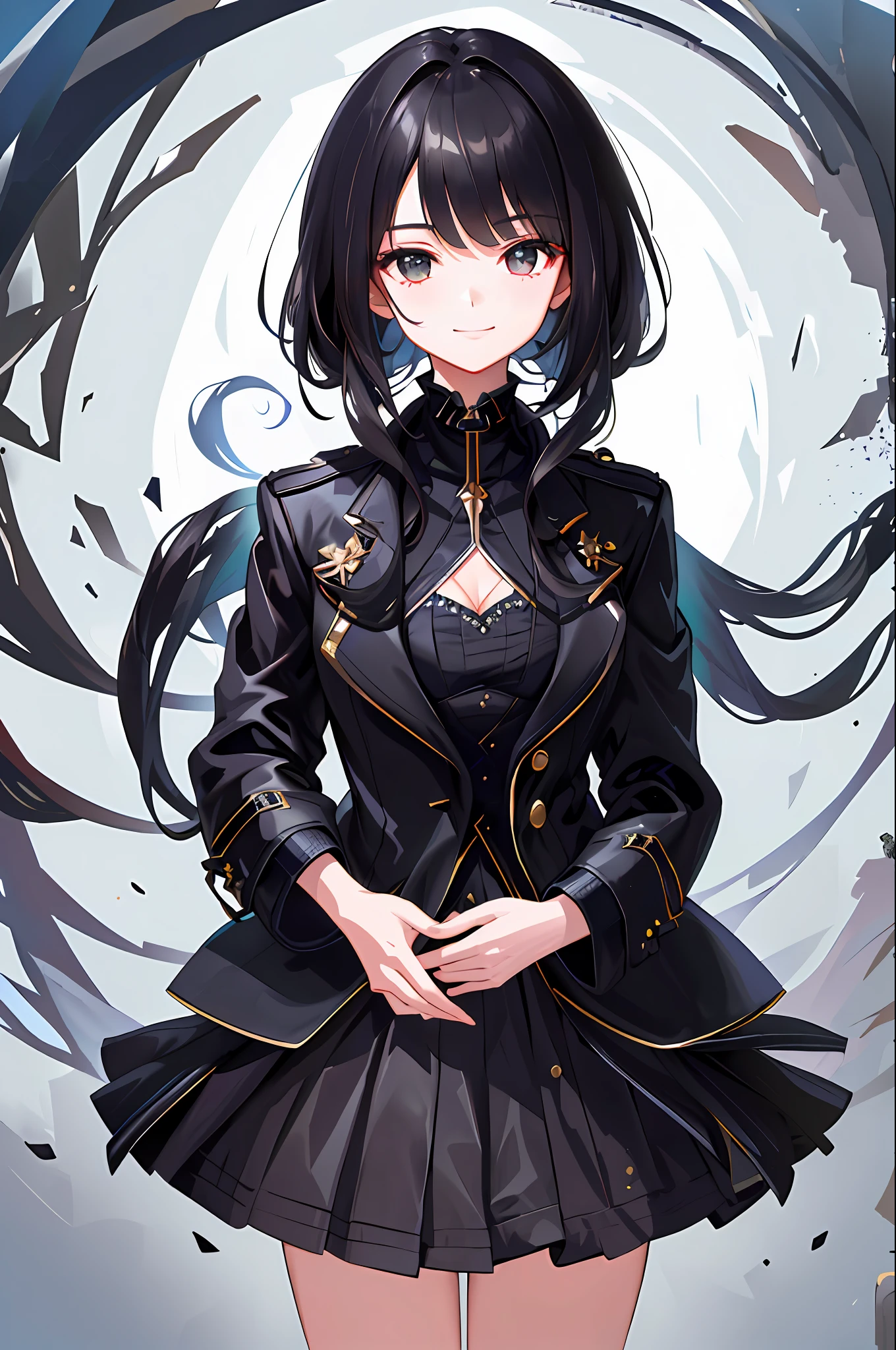 ((best quality)), ((masterpiece)), ((ultra-detailed)), (an extremely delicate and beautiful), a girl, solo, cold attitude,((black jacket)),she looks very (relaxed) and (calm),black hair, depth of field,evil smile