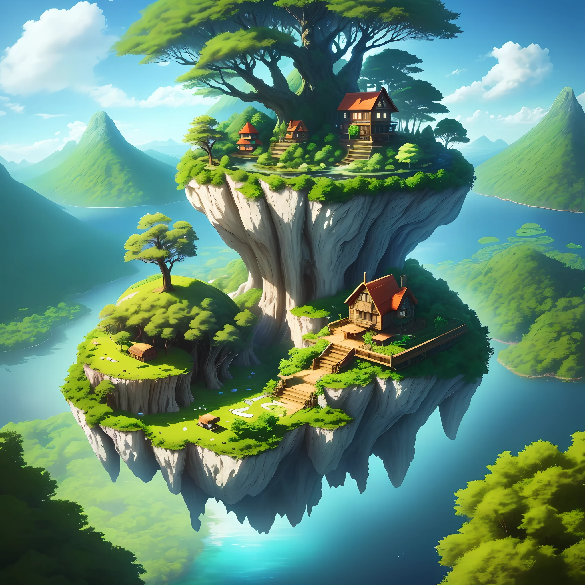 A magical floating island in the middle of a large forest. This island has a small house covered with plants. The sky is bright blue. There are flying boats around the island. The forest has tall trees and a very green grass. Cinema image, hd, 8k, high definition, super detailed.