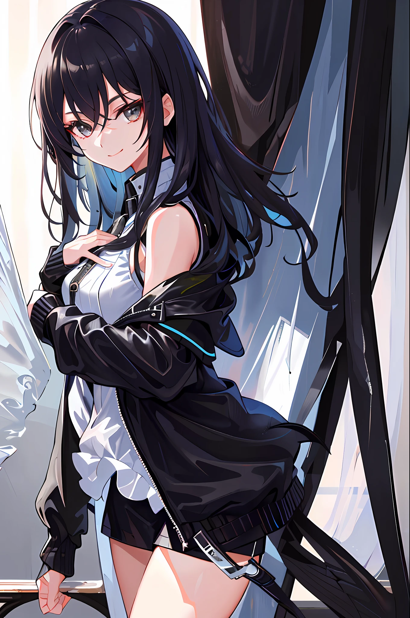 ((best quality)), ((masterpiece)), ((ultra-detailed)), (an extremely delicate and beautiful), a girl, solo, cold attitude,((black jacket)),she looks very (relaxed) and (calm),black hair, depth of field,evil smile