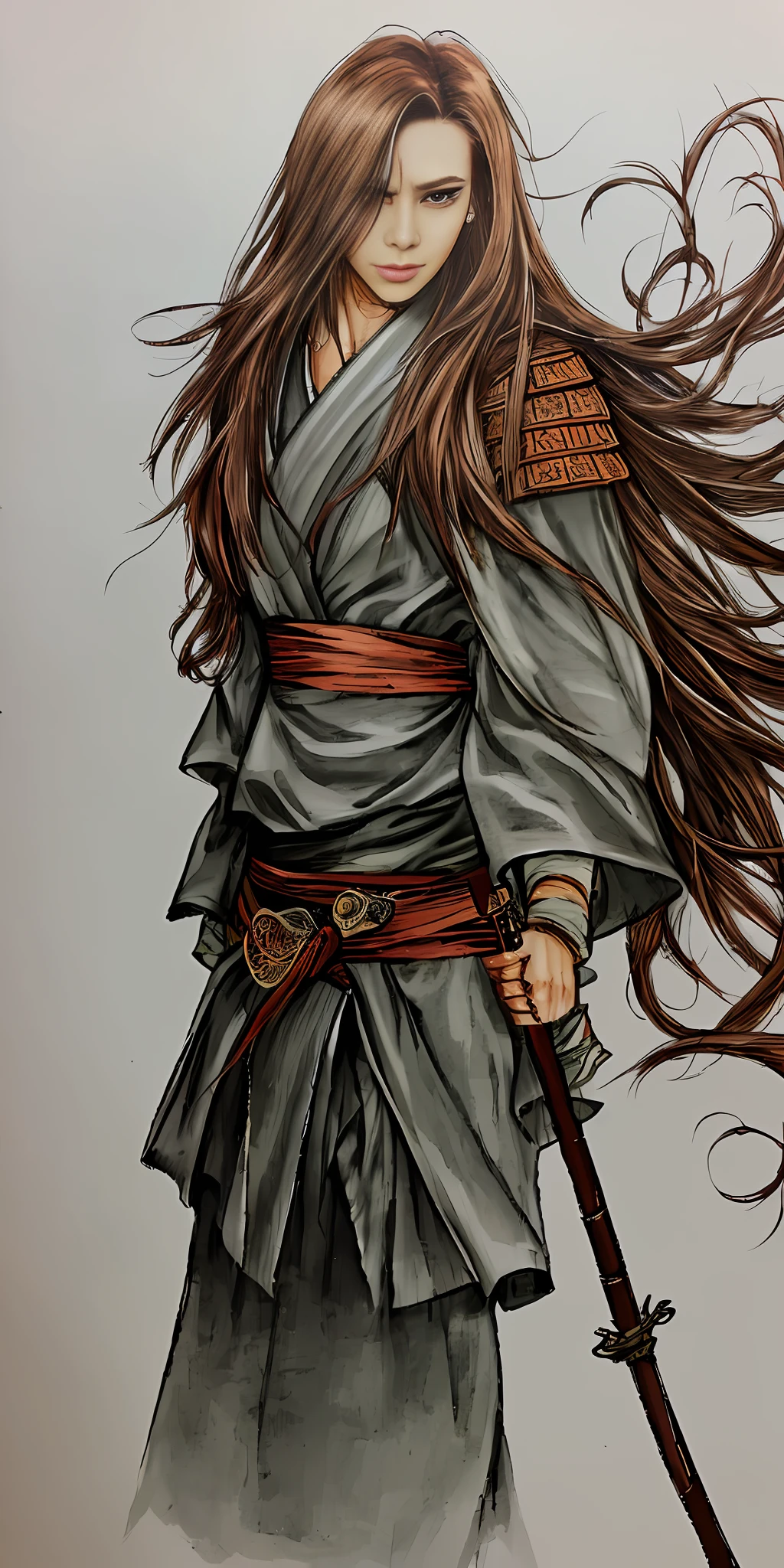 Character concept, One woman, no more than one woman, Long hair, Wide clothes, full body, Proportional, full height, Normal height, Normal weight, Woman, Redhead, Copper hair, Smirk on the face, Average chest, Small breasts, Withered Rags, Brown rags, Many layers of clothes, baggy clothes, long coat swaying in the wind, Brown color scale, Warrior, Samurai, Experienced ninja, One weapon, Wielding a Staff in the right hand, Pole as the only weapon, Covered head, Straw hat, Open eyes, Realistic face, realistic eyes, Realistic body features, Walking forward, Facing the viewer, Muted colors, Dim, Brown and white, Modern calligraphy, Bold and sharp lines, Brush strokes, Semi-realistic, Ink illustration, 8k