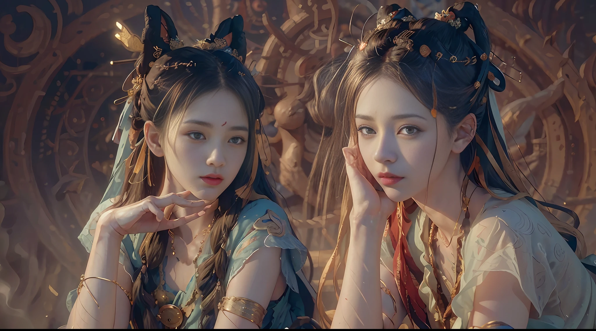 (RAW photo, best quality), (realistic, photo-realistic:1.3),best quality,highly detailed,masterpiece,ultra-detailed,illustration,1girl,upper_body,dynamic angle,world masterpiece theater,messy_long_hair,best quality,extremely detailed CG unity 8k wallpaper,ink,Amazing,cinematic lighting,lens_flare,,dunhuang_style