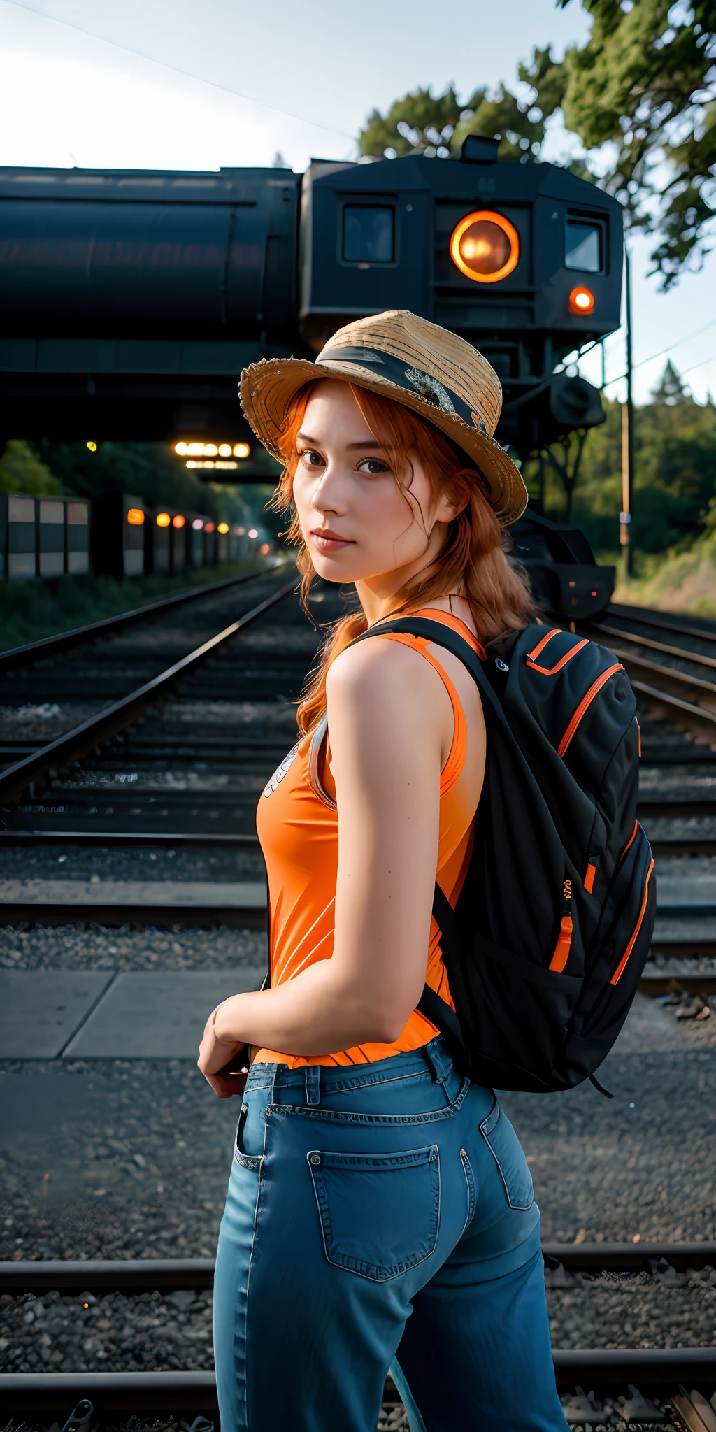 A beautiful and attractive young woman, 25 years old, in backpacker clothes, dressed in a hat, blouse, jeans and with a backpack on her back, is standing in front of a train crossing waiting to pass ((dark ambient light, hyper-realistic, photorealistic, 8K, intricate details)), dressed in bathing suit, orange hair