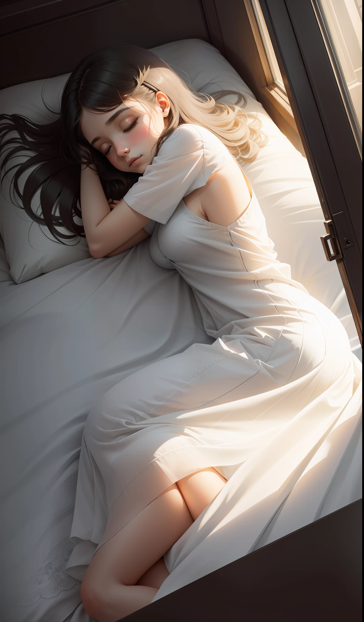Sleeping girl, 22 years old, realistic, hunched over the sheets, large glass windows,vanishing points