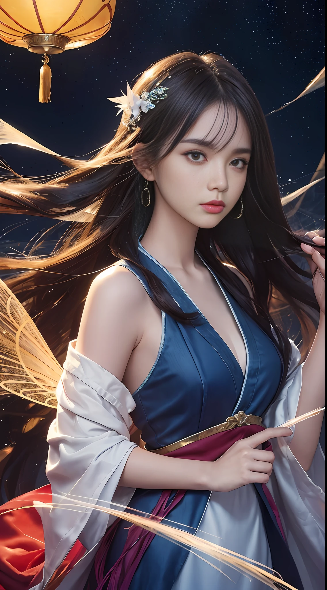 (Masterpiece, Top Quality, Best Quality, Ultimate Detail, Highest Detail, Official Art, Beauty and Aesthetics: 1.2), Color, Denim Shot, Upper Body Shot, Beautiful Face, Solo, Perfect Figure, Flying in the Sky, Portrait of a Girl, Silver Gradient Hair, Brunette Hair, Fairy, Flowing Streamers, (Sexy, Show As, Show Tits: 10), Sun Rays, Clouds, Hanfu, Chinese Clothes, Water, Firefly, Night, Starry Sky, Jewelry, Feathers on a Dress, Peacock Feathers, Light Particles, volumetric lighting, ray tracing (flowing streamers: 1.1), (fantasy: 1.2), illuminator, stars, fantasy, high contrast, ink strokes, overexposure, purple and red tone impressions, abstract, (watercolor paintings by Burkey and Jerey Meman)) brush strokes,