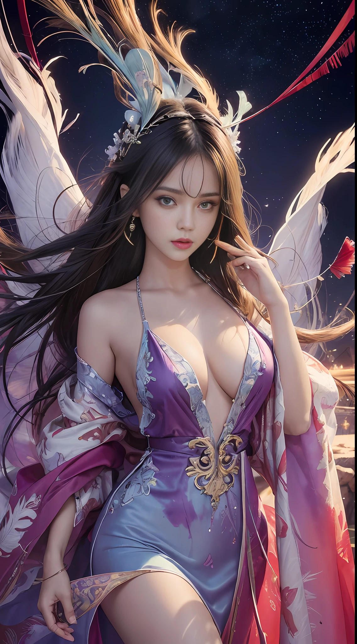 (Masterpiece, Top Quality, Best Quality, Ultimate Detail, Supreme Detail, Official Art, Beauty and Aesthetics: 1.2), Bare Thighs, Bare Pubic Hair, Color, Denim Shot, Upper Body Shot, Beautiful Face, Solo, Perfect Figure, Flying in the Sky, Portrait of a Girl, Silver Gradient Hair, Brunette Hair, Fairy, Flowing Streamers, (Sexy, Show As, Show Tits: 10), Sun rays, Clouds, Hanfu, Chinese clothes, water, fireflies, night, starry sky, jewelry, feathers on dress, peacock feathers, light particles, volumetric illumination, ray tracing (flowing streamers: 1.1), (fantasy: 1.2), illuminator, stars, fantasy, high contrast, ink strokes, overexposure, purple and red tone impressions, abstract, (watercolor paintings by Berkey and Jerememan)) brush strokes,