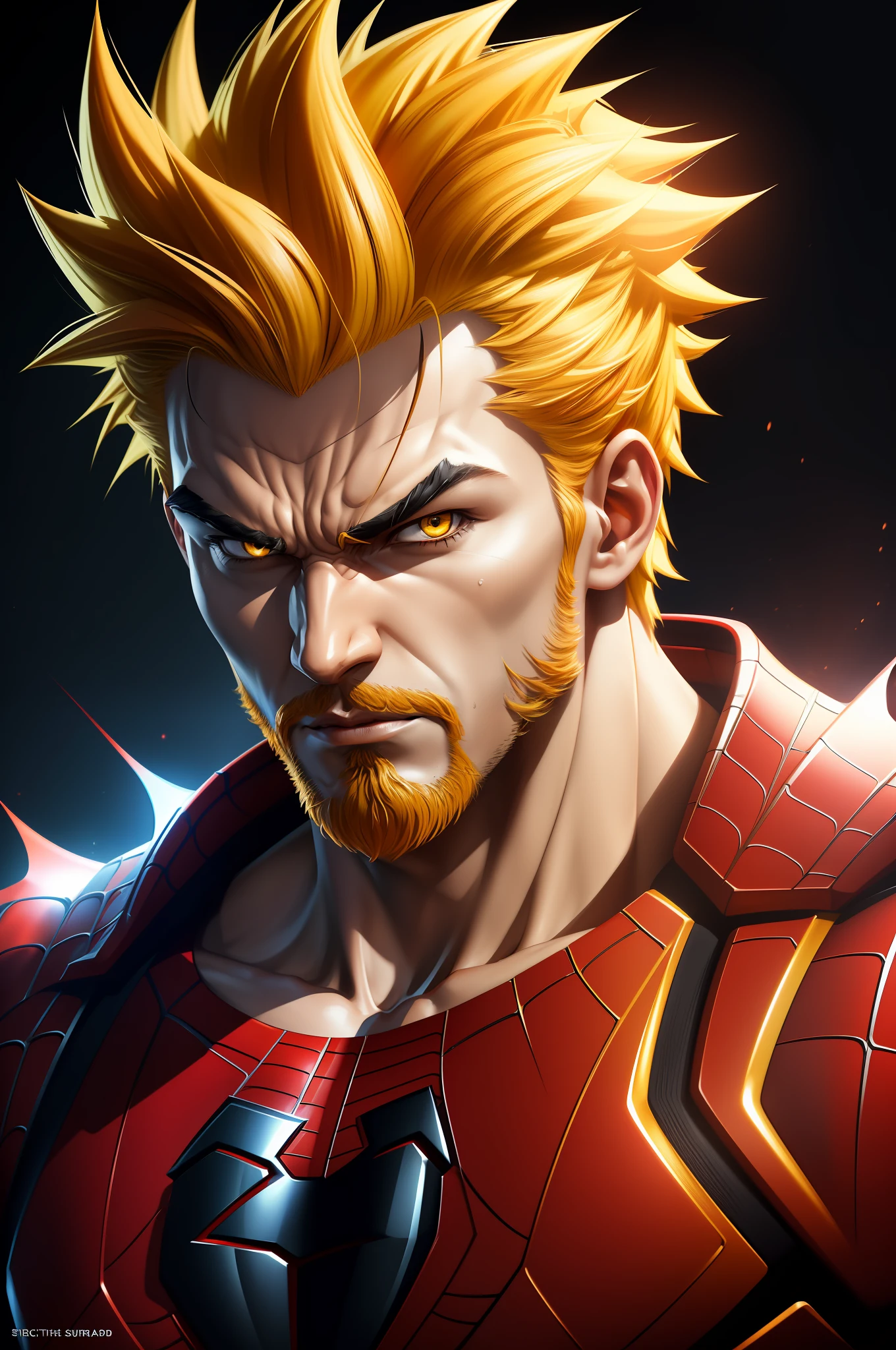 (Award Winning Digital Artwork:1.3) of (Sketch:1.3),(Energetic:1.3) Spidey, Goku,CGSociety,ArtStation,(Saturated:1.3),(close portrait:1.3),(burly :1.4),(beautiful:1.4),(attractive:1.3),handsome, yellow hair, badass pose,perfectly detailed eyes,studio lighting,thematic background