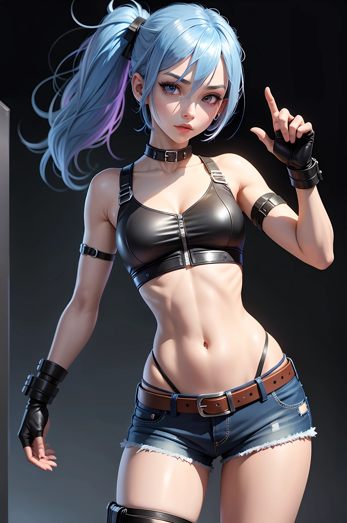 JinxLol, female, 1girl, solo, blue hair, looking at viewer, navel, gloves, fingerless gloves, character name, midriff, bare shoulders, v-neck crop top, belt, (black Background), tight short shorts