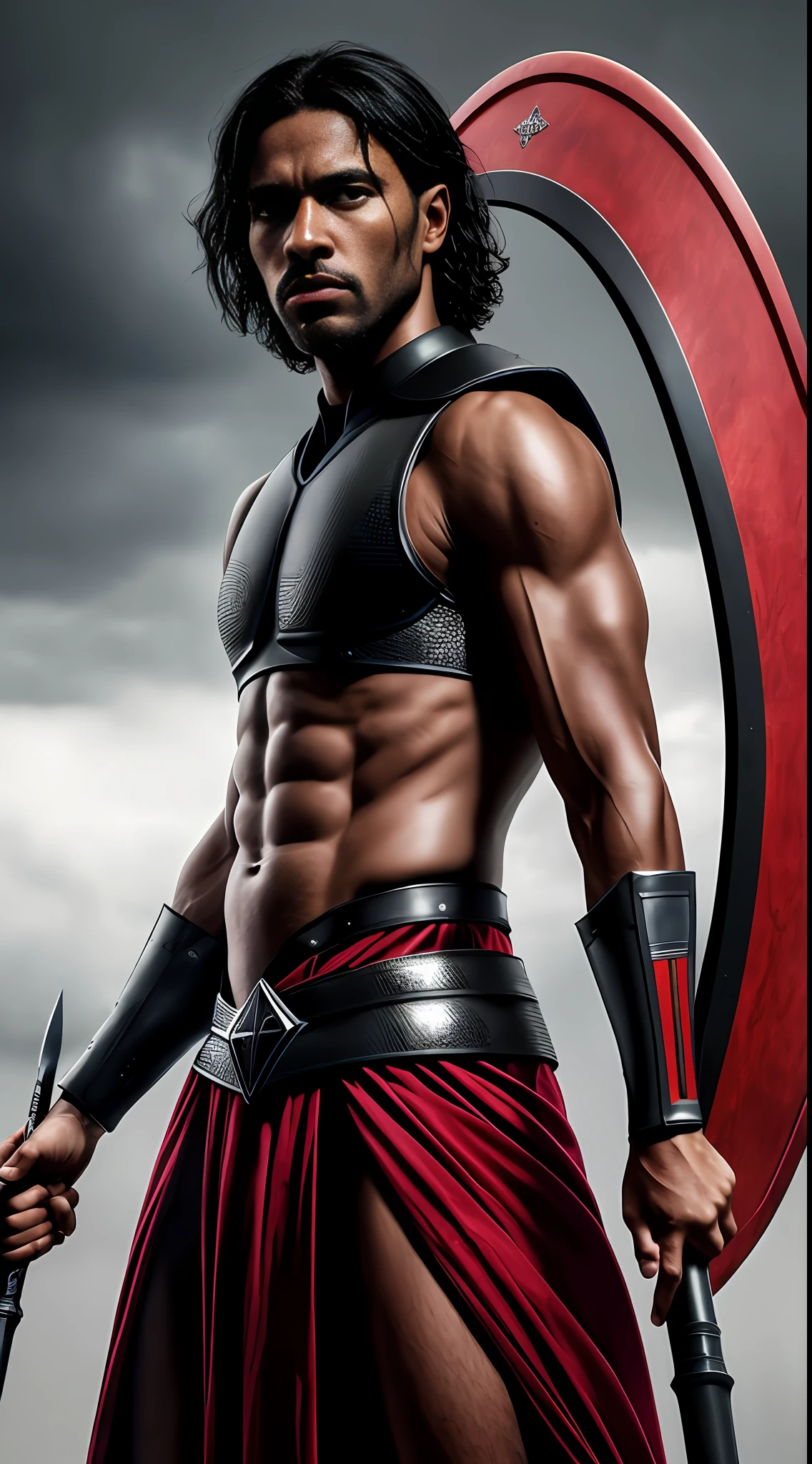 Photograph of a man, ((Ogum)), African god, (((black))), serious, intimidating, defined body, in blue and red robes with a large ((spear of war)) and with a ((shield)) of leather. Night, dark sky, dark clouds, lightning, lightning, backlight, Hand with four fingers and a thumb. Highly detailed face., portrait, epic character composition, by Ilya Kuvshinov, Alessio Albi, Nina Masic, sharp focus, natural lighting, subsurface scattering, F2, 35mm, film grain, (freckles:0.2), skin imperfections, open pores, ornate, serious eyes, 8K textures, intricate, highly detailed, sharp focus, vibrant tones, insane details, intricate details, hyperdetailed, exposure mix, HDR, hyper-realistic