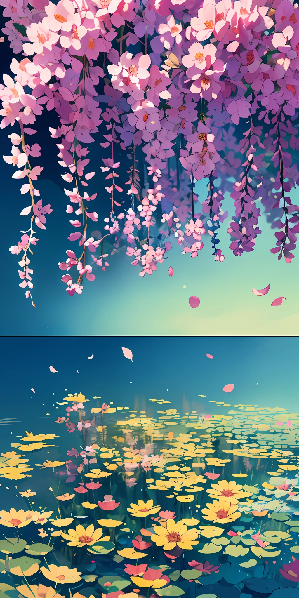 Masterpiece, best quality, (very detailed CG unity 8k wallpaper) (best quality), (best illustration), (best shadows) Nature', blue sea,delicate leaves petals of various colors falling in the air light Tracking, super detailed --v6