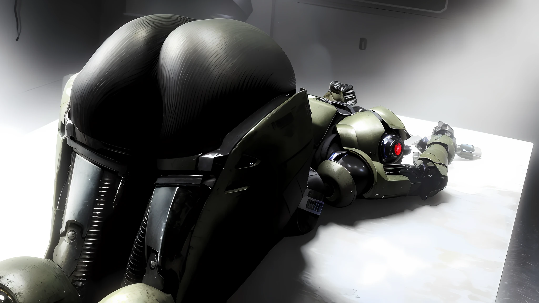there is a helmet and a pair of gloves on a table, from metal gear, 2b, 2 b, metal gear mech, discarded mechsuit in background, cg art, bottom shot, mech body, scifi art, mech, metal gear solid concept art, metal gear solid style, dominant pose, metal gear solid inspired, sfm, thick smooth warframe thighs
