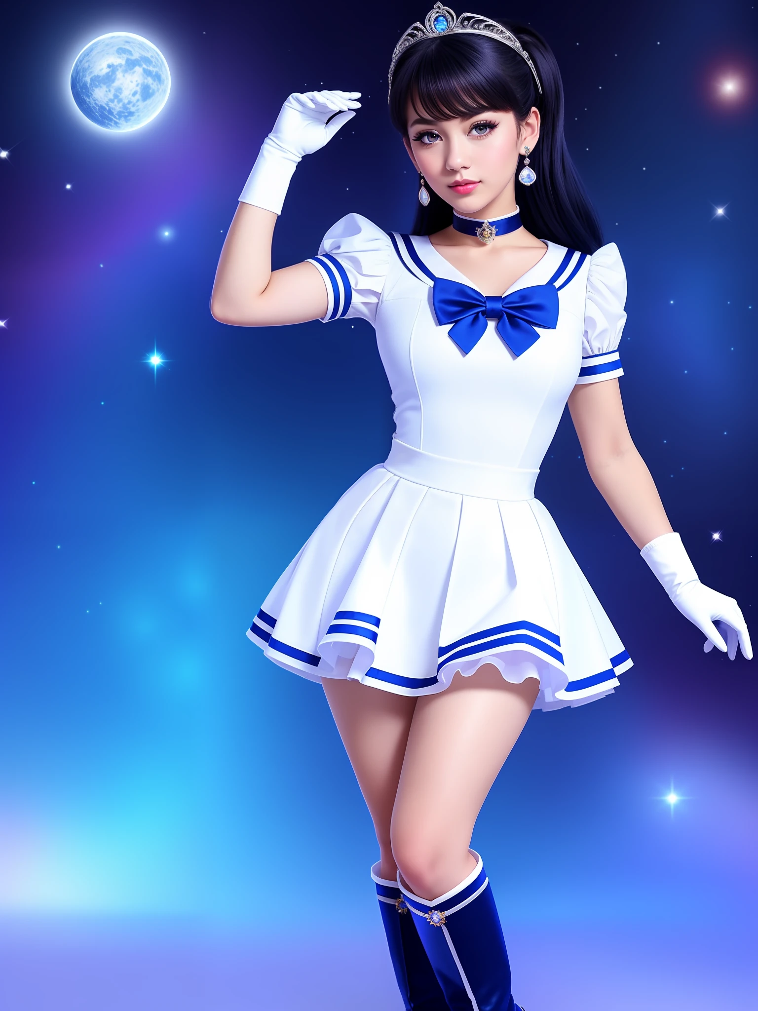 masterpiece, best quality, beautiful face,beautiful eyes,highres, mer1, tiara, sailor senshi uniform, blue sailor collar, bow, knee boots, choker, white gloves, blue choker, elbow gloves, jewelry, earrings, blue skirt, cowboy shot, standing, space_background