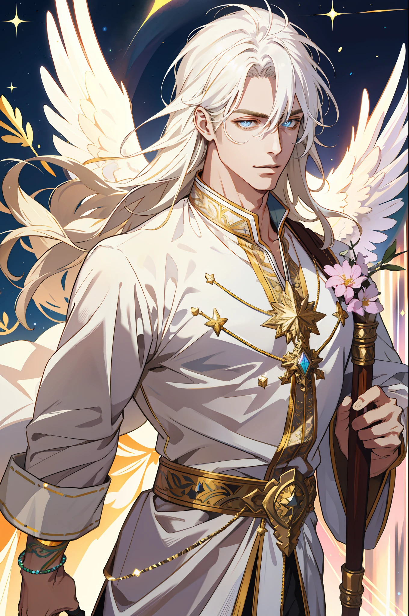 (absurdres, highres, ultra detailed), 1 male, adult, handsome, tall muscular guy, broad shoulders, finely detailed eyes and detailed face, pastel color long hair, fantasy, complex pattern, detailed face, angel wings, lens flare, colorful, glow white particles, white robe, gold bracelets and accessories, prism, glowing, glitter, particles, bloom, likes to celebrate and have fun, enjoys nature, bright and optimistic outlook, creative and adventurous spirit, represents happiness and harmony