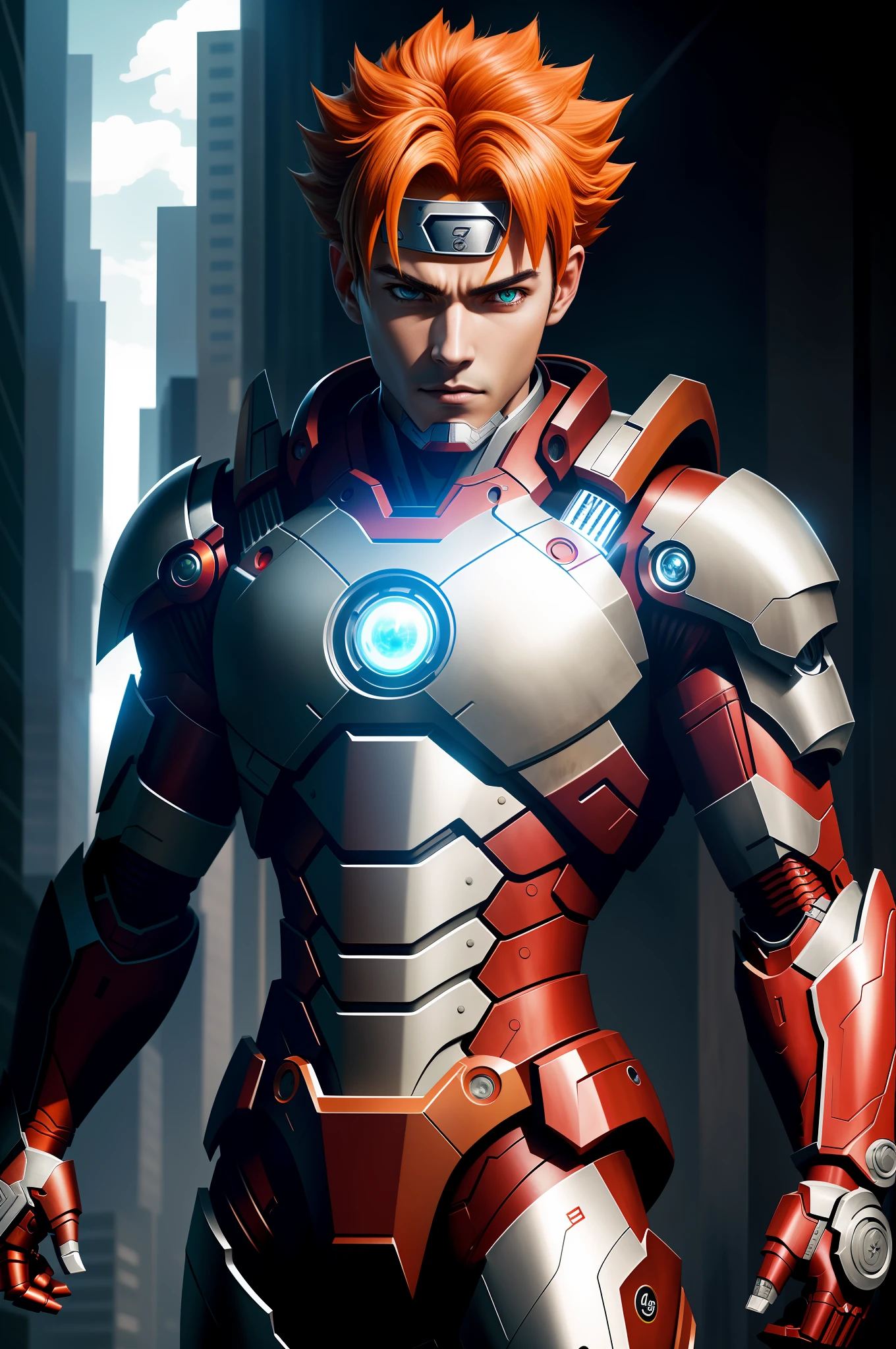 masterpiece, highest quality, (solo focus), (perfect face:1.1), (high detail:1.1), (hyper detailed eyes), dramatic, 1guy, (white skin), (burly: 1.2), orange hair, green eyes, (light eyebrows), burly1.4, solo, goku hair, (Naruto, Ironman), night, arrogant expression, futuristic city, detailed background, art by artist trending in artstation, cinematic lighting, fantasy