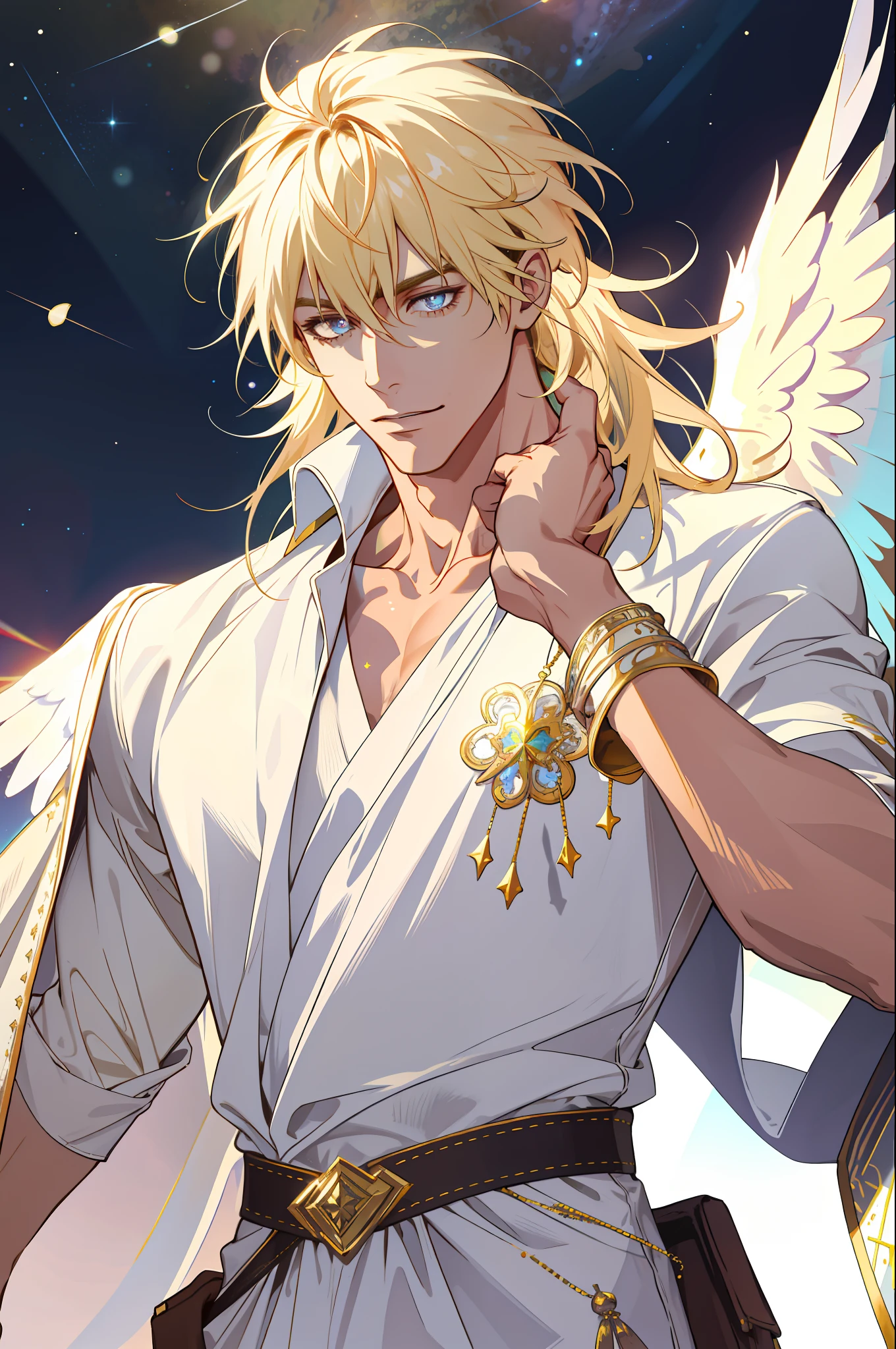 (absurdres, highres, ultra detailed), 1 male, adult, handsome, tall muscular guy, broad shoulders, finely detailed eyes and detailed face, pastel color long hair, fantasy, complex pattern, detailed face, angel wings, lens flare, colorful, glow white particles, white robe, gold bracelets and accessories, prism, glowing, glitter, particles, bloom, likes to celebrate and have fun, enjoys nature, bright and optimistic outlook, creative and adventurous spirit, represents happiness and harmony