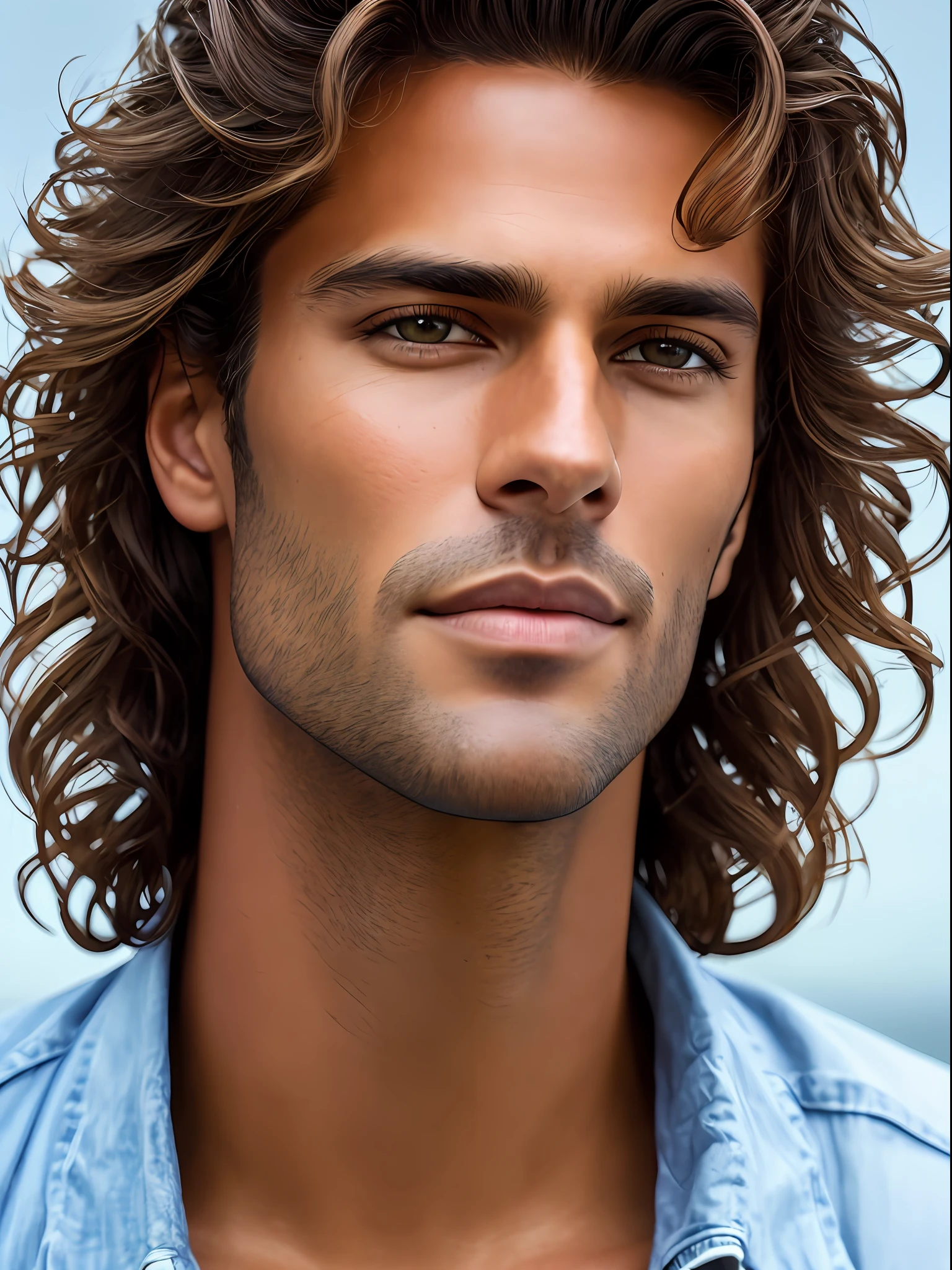 A photorealistic portrait of a stunningly handsome tanned Brazilian male supermodel with no make-up, photo for the cover of a magazine, extremely detailed light honey eyes, detailed symmetric realistic face, extremely detailed natural texture, peach fuzz, windy messy hair, masterpiece, absurdres, award winning photo by lee jeffries, nikon d850 film stock photograph, kodak portra 400 camera f1.6 lens, extremely detailed, amazing, fine detail, rich colors, hyper realistic lifelike texture, dramatic lighting, unrealengine, trending on artstation, cinestill 800 tungsten, looking at the viewer, photo realistic, RAW photo, TanvirTamim, high quality, highres, sharp focus, extremely detailed, cinematic lighting, 8k uhd,-imagine-