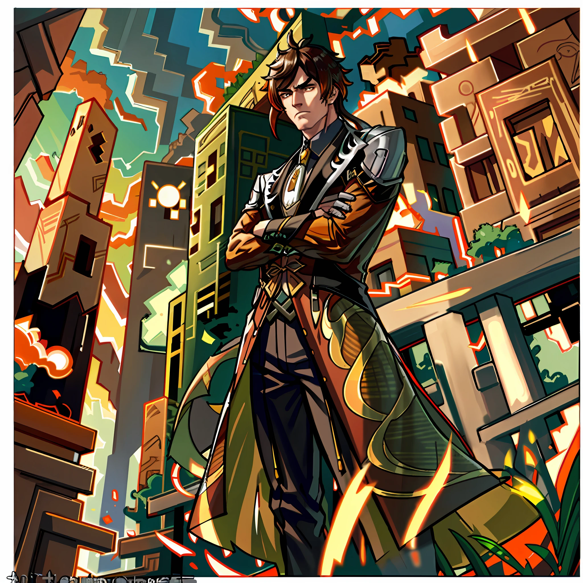 (absurdres, highres, ultra detailed), 1 male, solo, adult, mature, tall muscular guy, broad shoulders, handsome, very long hair,brown hair with orange tips, bright yellow eyes, angular jaw, thick neck, thick eyebrows, zhongli, genshin impact, coat, standing straight, arms crossed, alpha pose, complex details
BREAK, photojournalism, documentary photography, visual storytelling, capturing moments, historical records, social commentary, powerful imagery
BREAK, serviceperson, genshin impact game, ruins