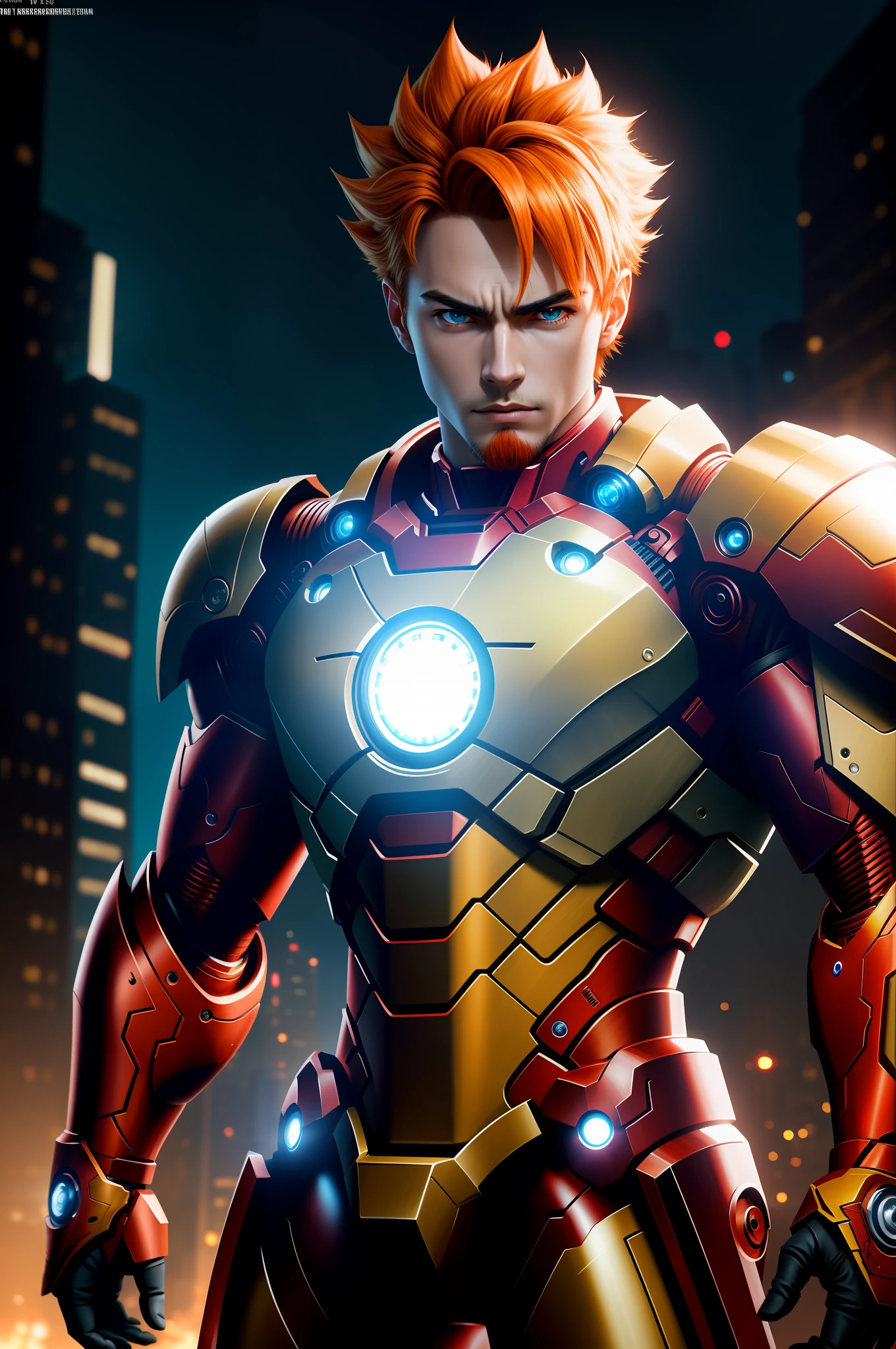 masterpiece, highest quality, (solo focus), (perfect face:1.1), (high detail:1.1), (hyper detailed eyes), dramatic, 1guy, (white skin), (burly: 1.2), orange hair, green eyes, (light eyebrows), burly1.4, solo, goku hair, (Naruto, Ironman), night, arrogant expression, futuristic city, detailed background, art by artist trending in artstation, cinematic lighting, fantasy